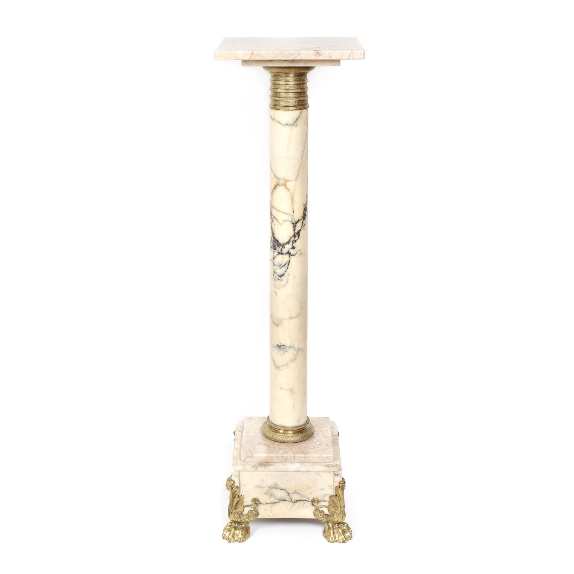 French workshop, Pedestal in white marble and doré bronze, late 19th century