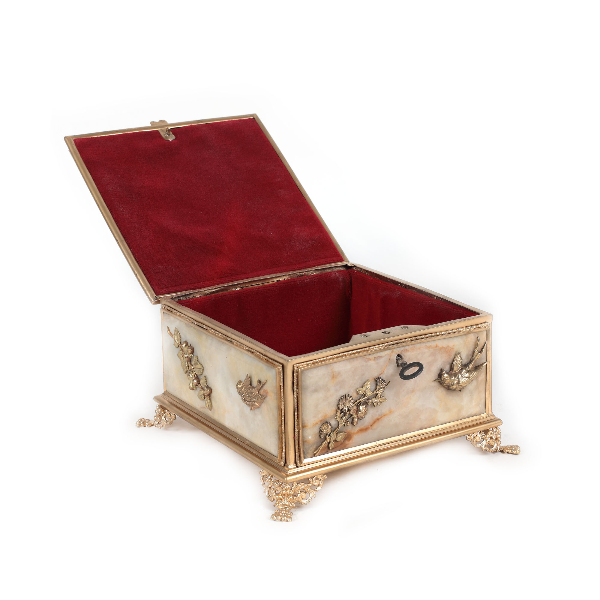 French workshop, Belle Époque box, for jewellery, alabaster and gilded bronze in three colours, deco - Image 5 of 5