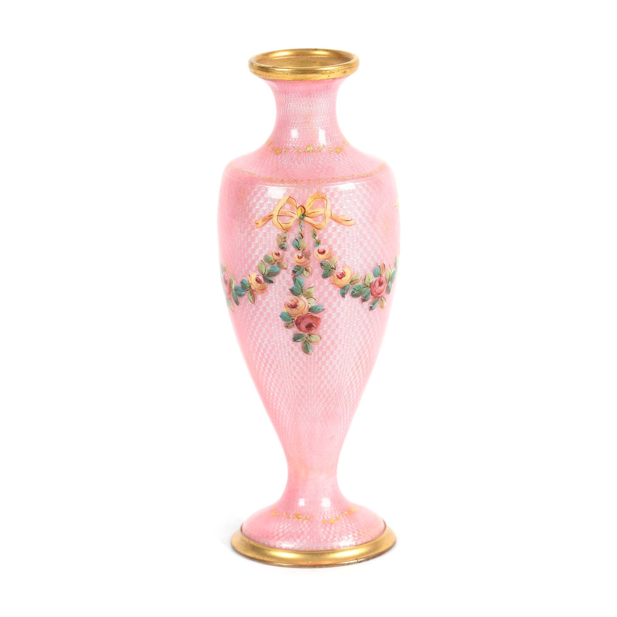 French workshop, Miniature urn, adorned with guilloché enamel and floral garlands, original box, app - Image 3 of 5