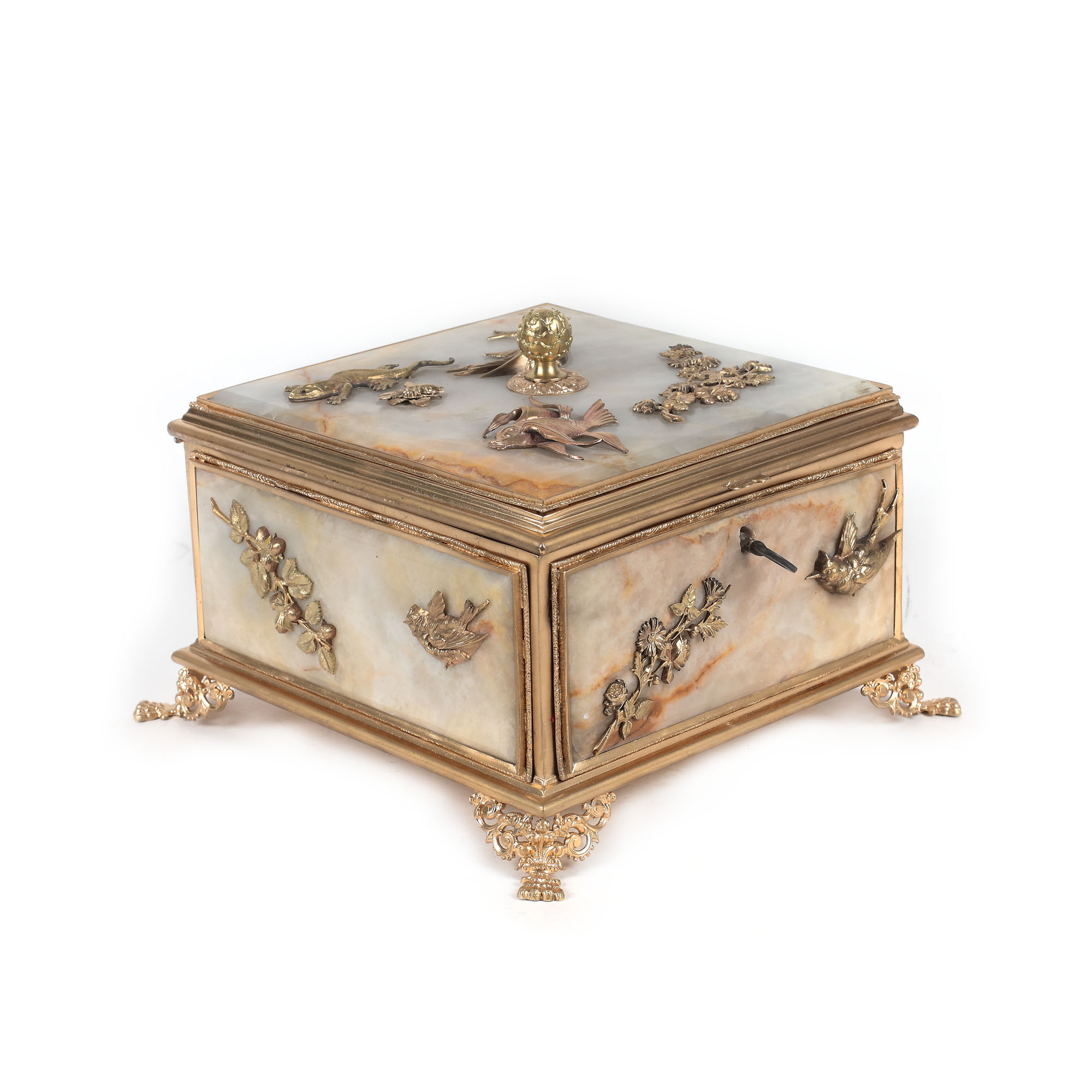 French workshop, Belle Époque box, for jewellery, alabaster and gilded bronze in three colours, deco - Image 2 of 5