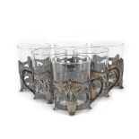 European workshop, Radivon set, consisting of six glasses with Art Nouveau support, decorated with g