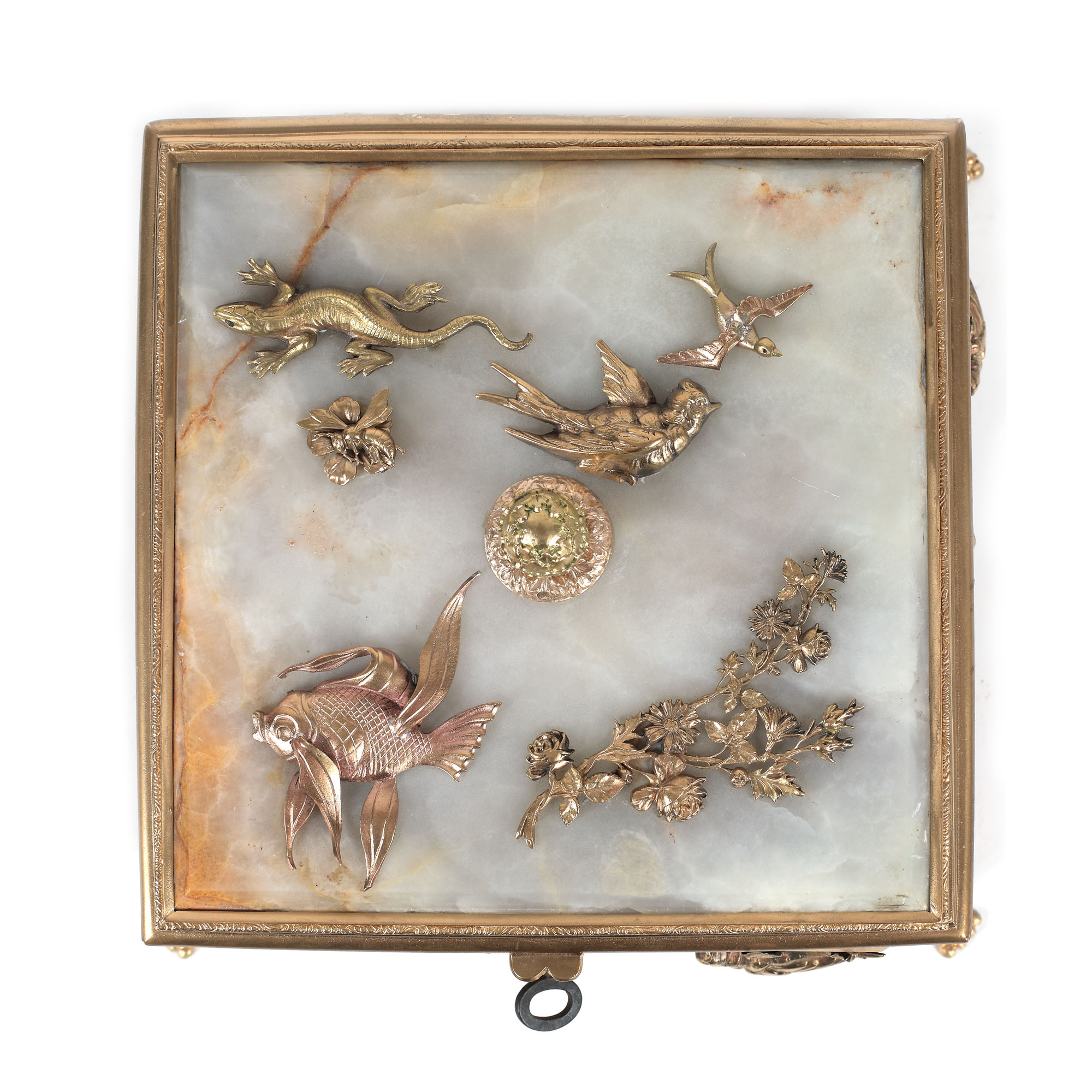 French workshop, Belle Époque box, for jewellery, alabaster and gilded bronze in three colours, deco - Image 4 of 5