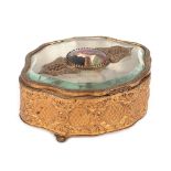 French workshop, jewellery box, doré bronze and bevelled crystal, centrally decorated with a Limoges