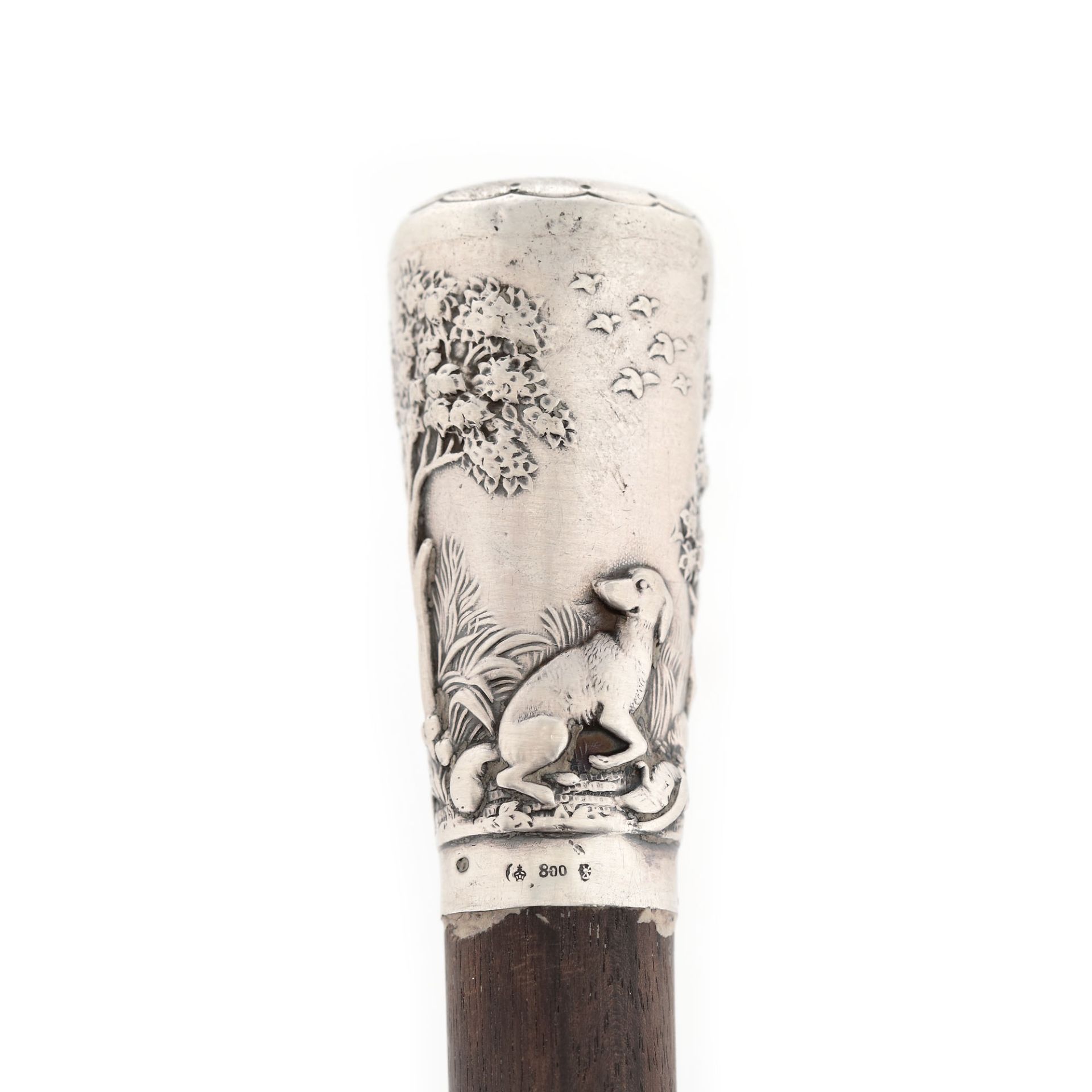 German workshop, Wooden stick, with silver handle, engraved with hunting scene, approx. 1900 - Bild 3 aus 4
