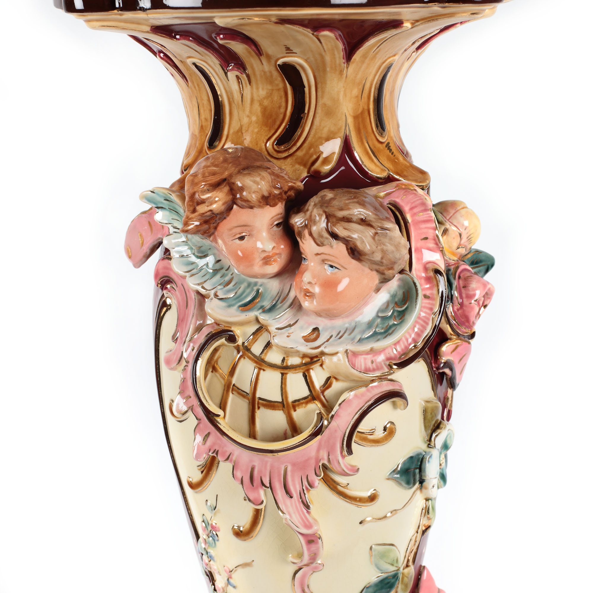 European workshop, Majolica pedestal, richly decorated with flowers and putti in love, late 19th cen - Image 3 of 7