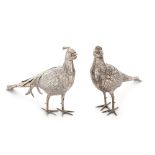 Spanish workshop, Pair of pheasants, decorative silver statuettes, centrepiece