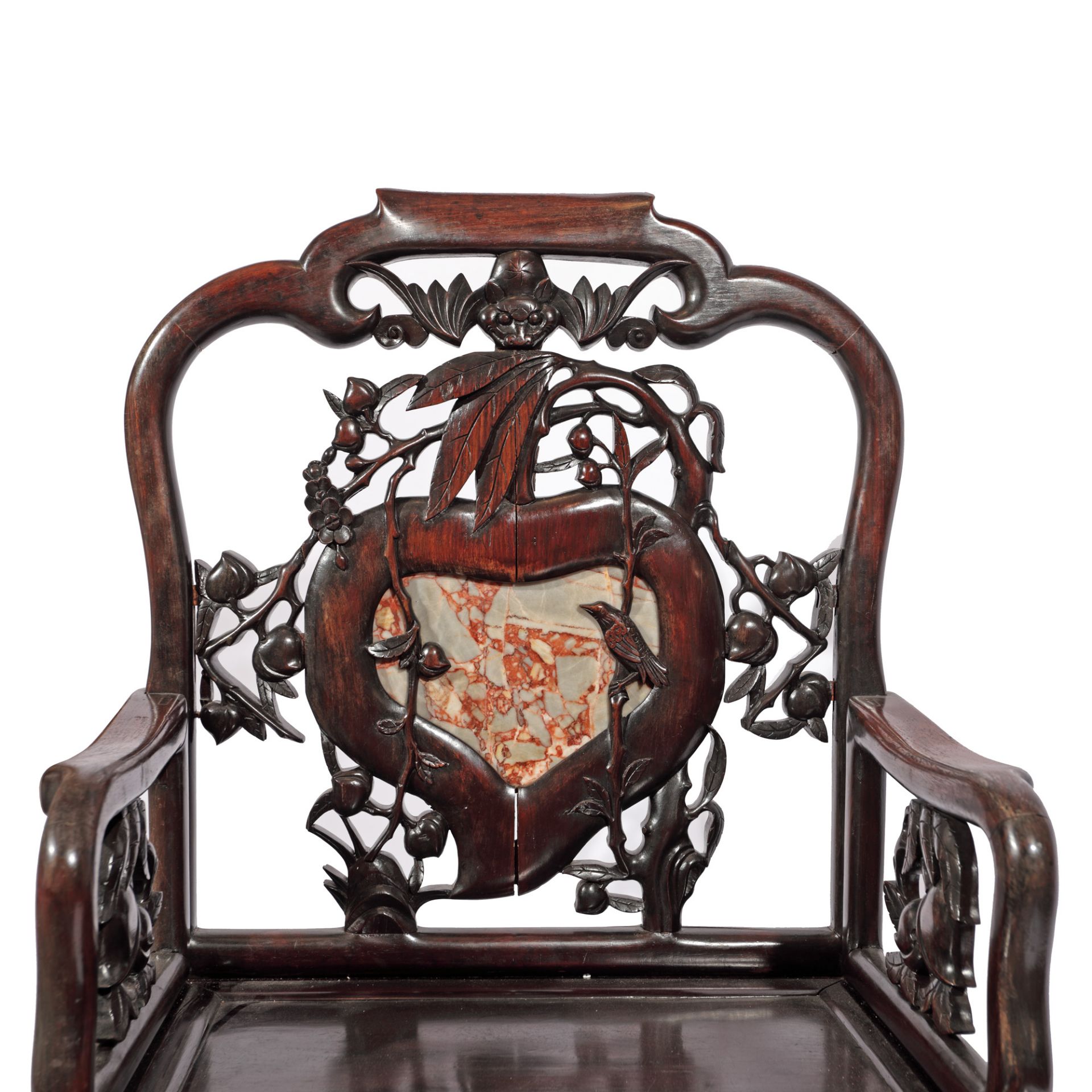Exotic wooden armchair with marble appliqué, decorated with floral motifs, peaches and nightingales, - Bild 3 aus 3