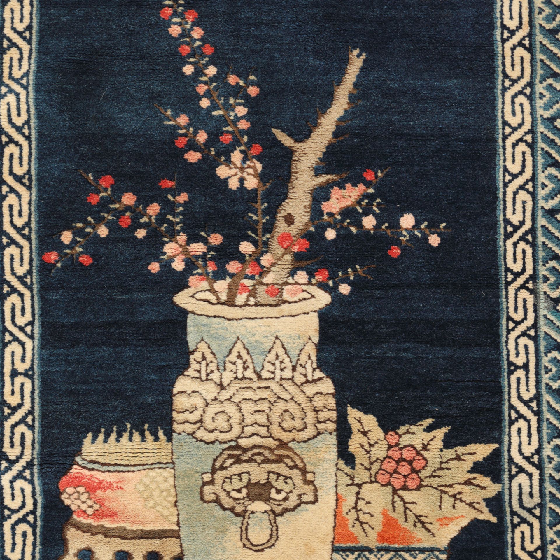 Pao Tao wool rug, decorated with a bowl of cherry twigs, peaches and other symbols of prosperity, sp - Image 2 of 2