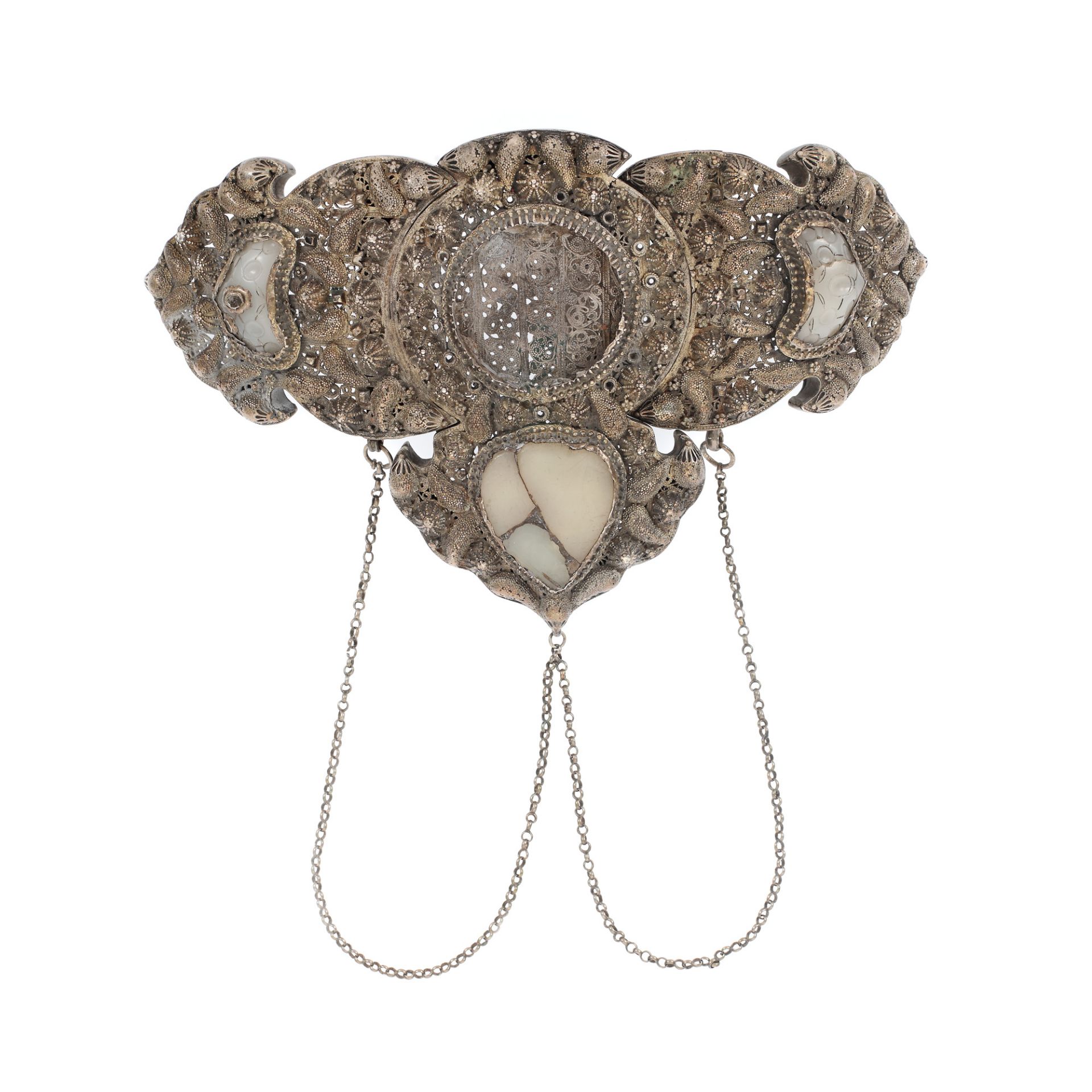 Armenian ornamental clasp, filigree silver, decorated with chalcedony elements, Anatolia, possibly e