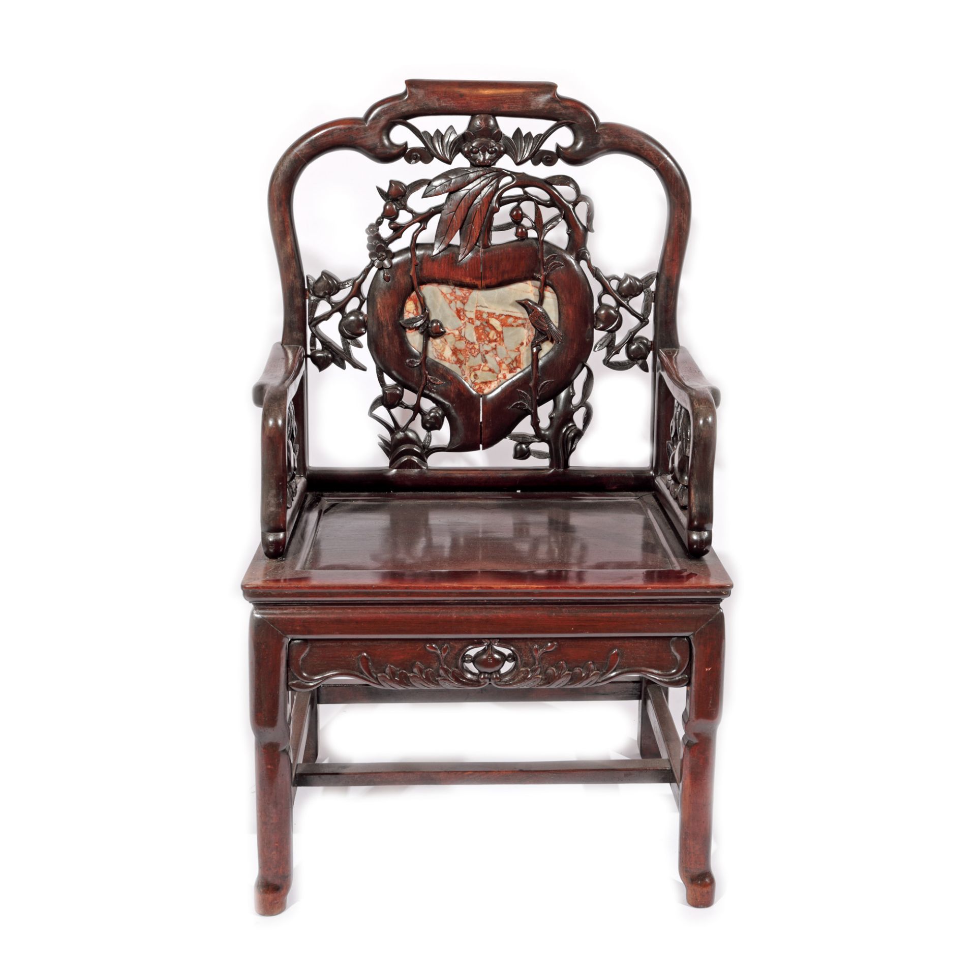 Exotic wooden armchair with marble appliqué, decorated with floral motifs, peaches and nightingales,