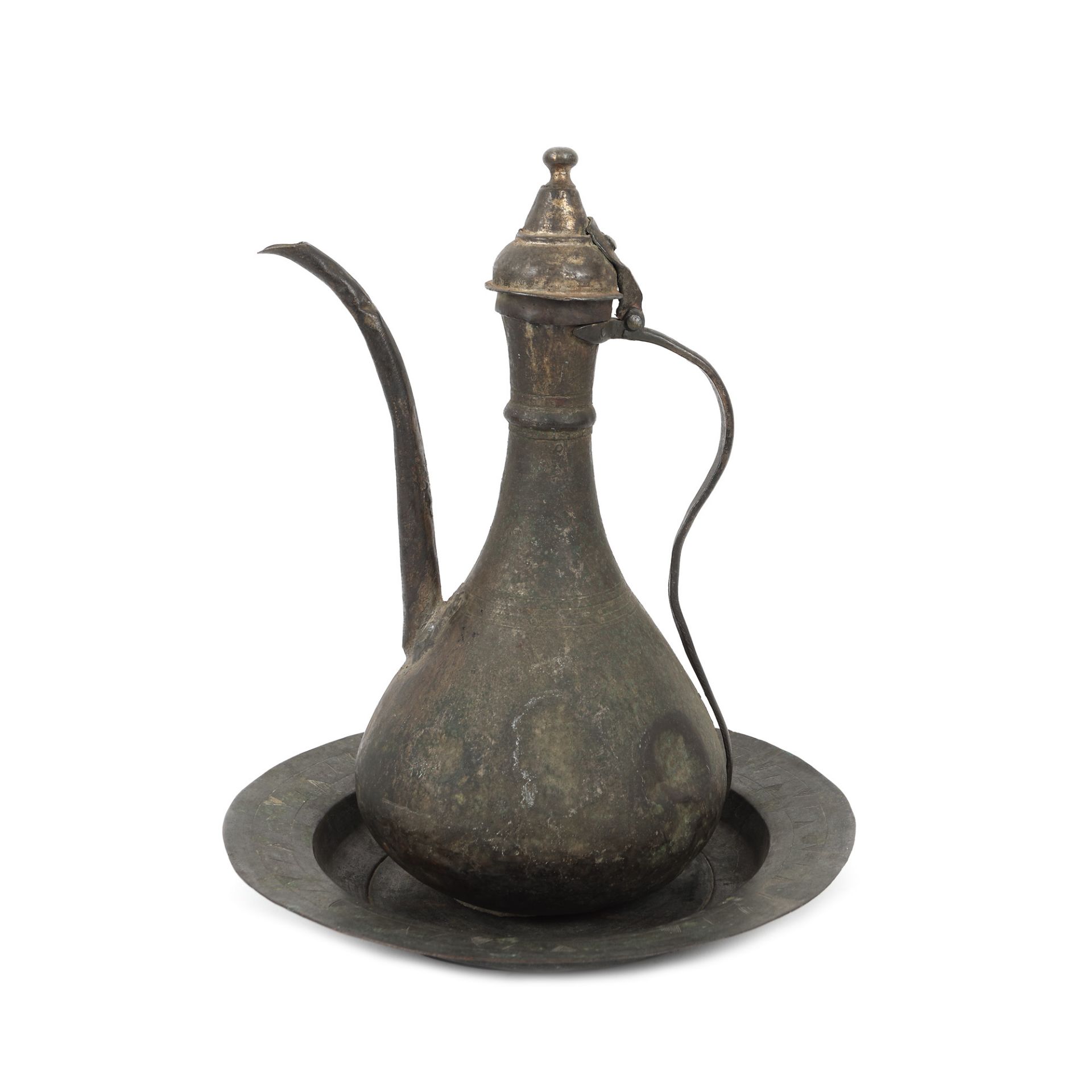 Ottoman water jug and plate, tinned copper, decorated with arabesques, late 18th century-early 19th