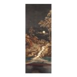 Decorative silk panel, embroidered with silk thread and feathers, illustrating a waterfall under the