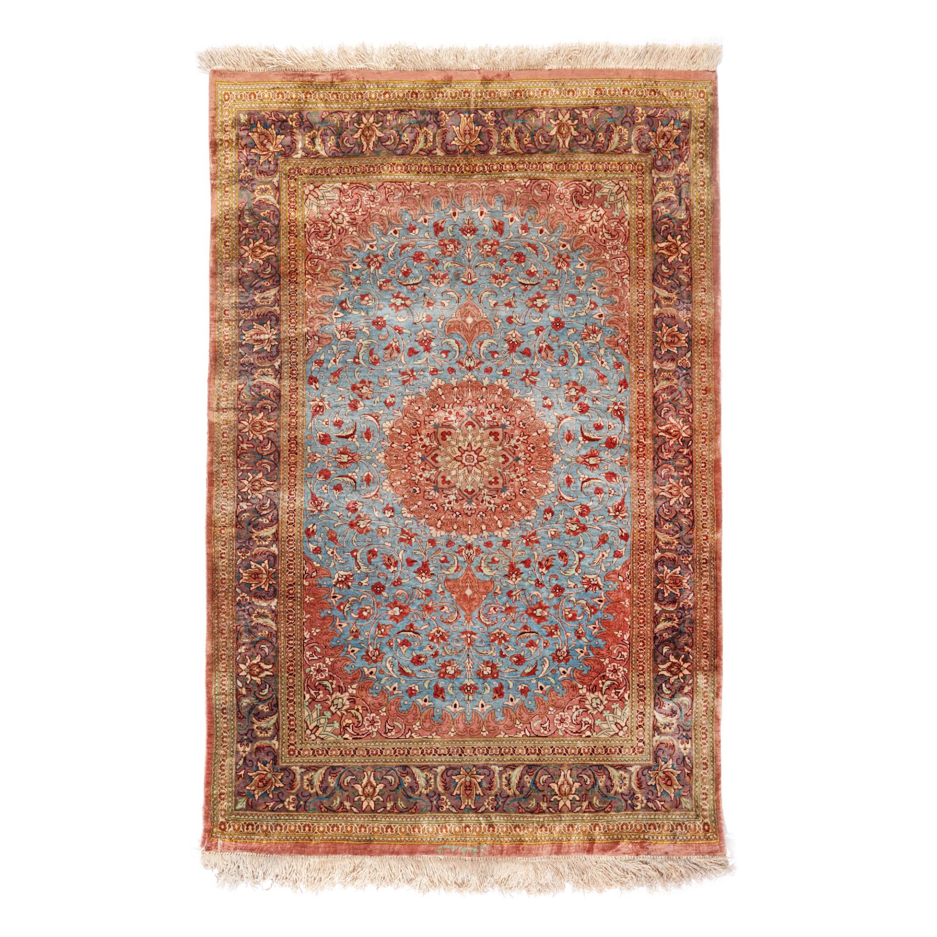 Ghom silk rug on silk warp, decorated with central rosette and floral motifs, Iran, approx. 1960, si