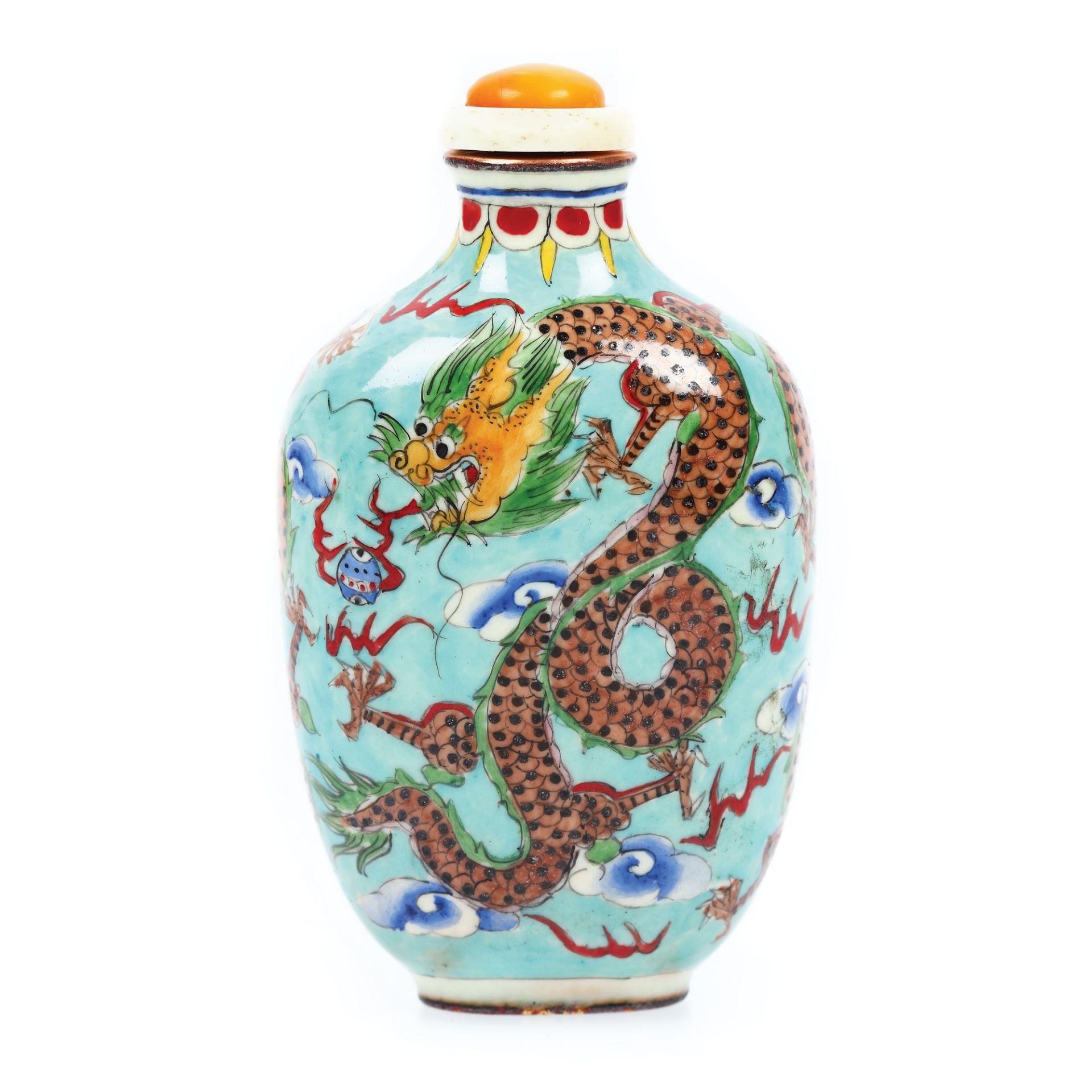 Recipient for sniffing, Beijing enamel, ivory and amber stopper, decorated with dragons hunting pear