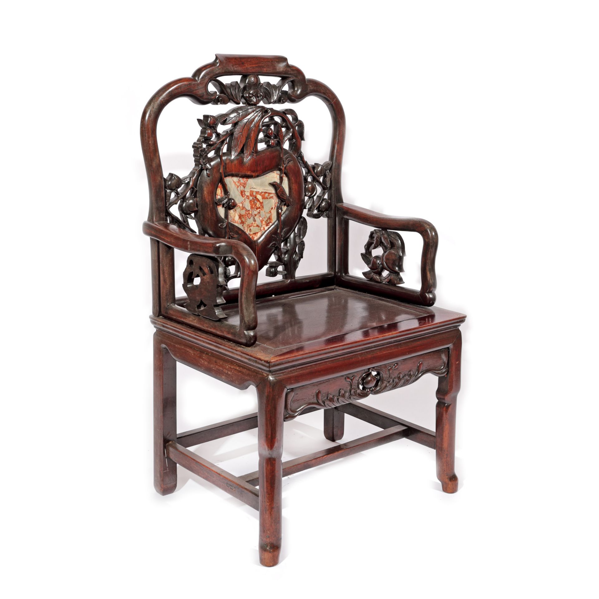 Exotic wooden armchair with marble appliqué, decorated with floral motifs, peaches and nightingales, - Bild 2 aus 3