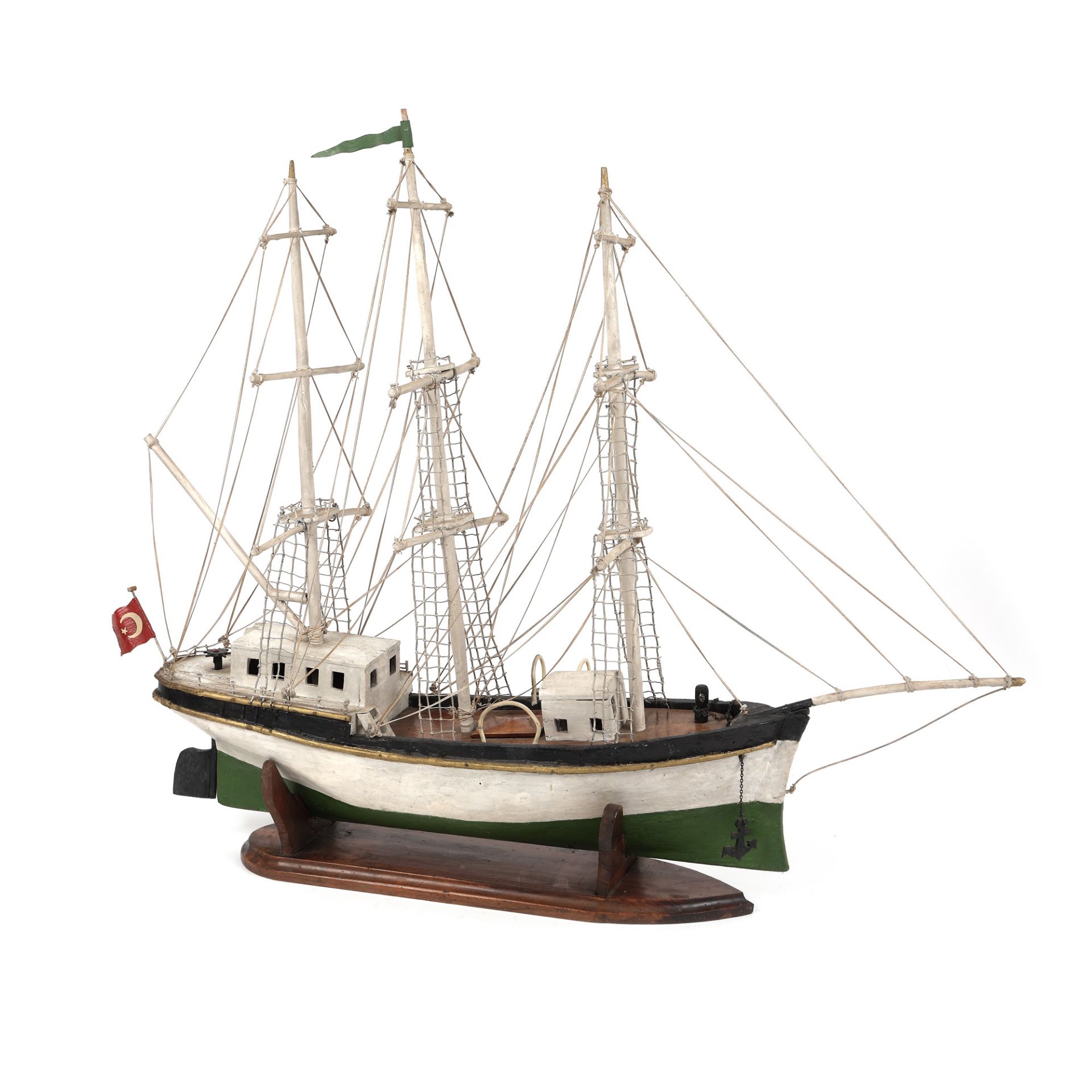Turkish brig model, painted wood, approx. 1940-1950