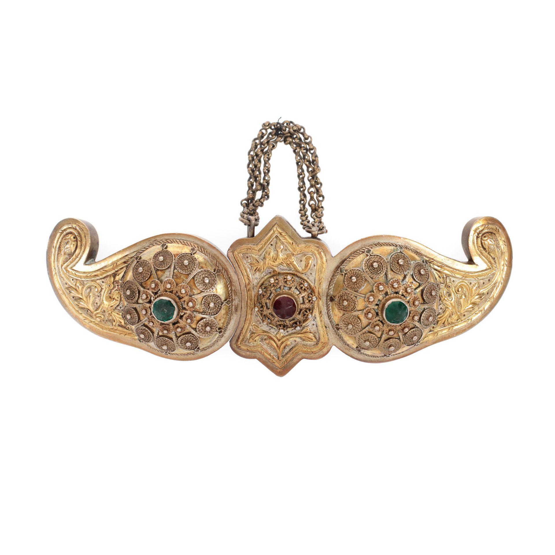 Women's belt adornment (pafta), brass and glass, oriental workshop, possibly Turkey, late 19th centu