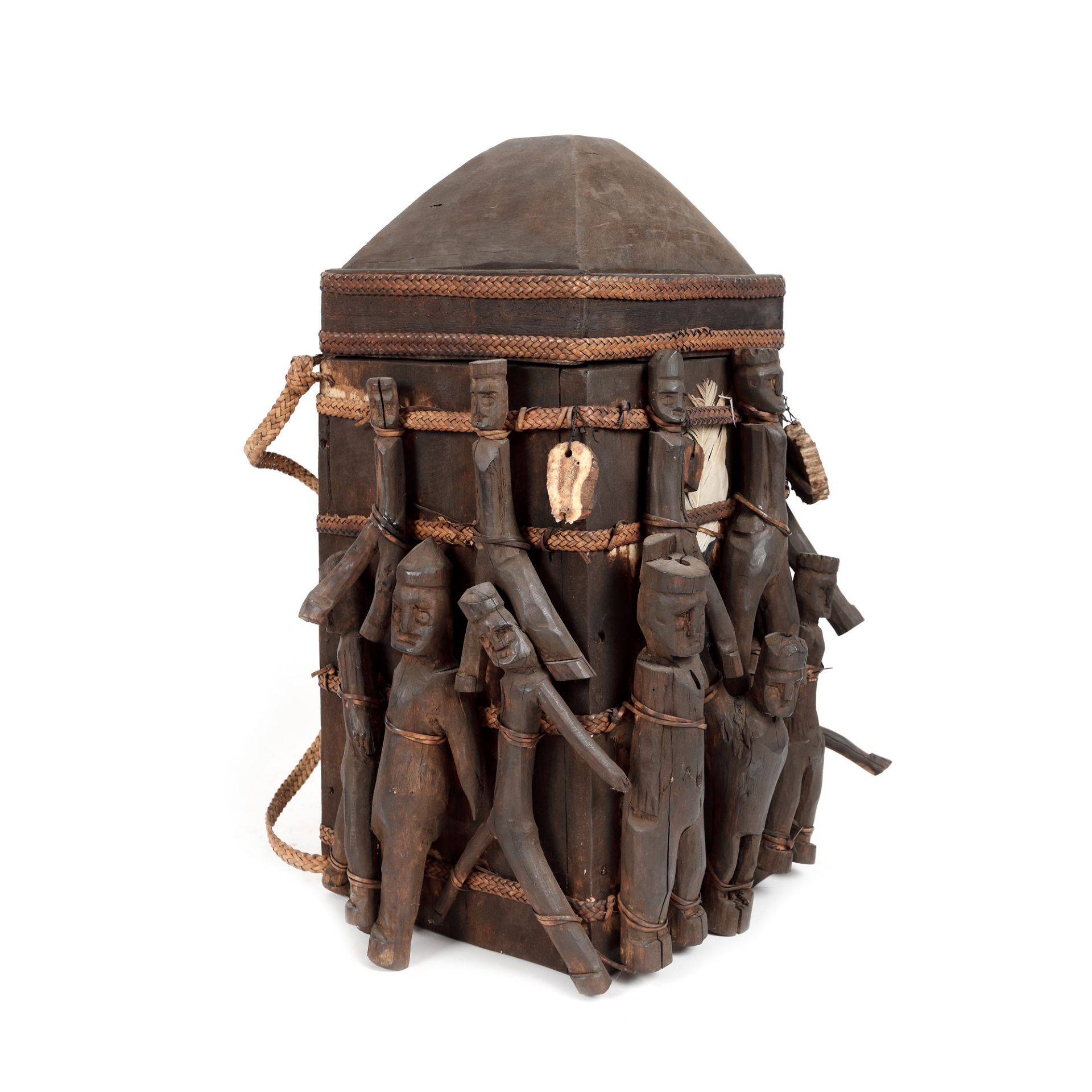 Basket for medicinal herbs, decorated with protective deities, Oceania, early 20th century