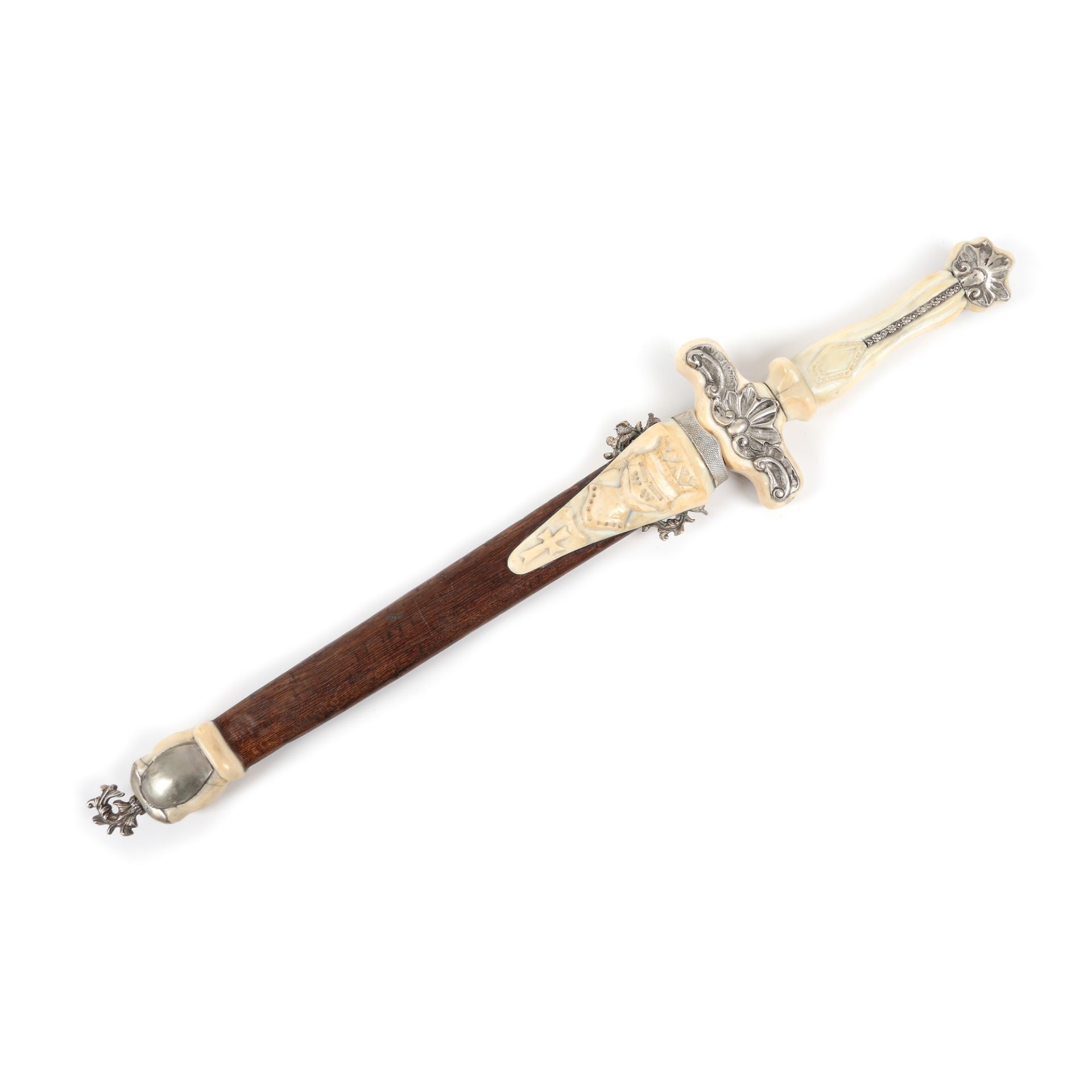 Ceremonial dagger, handle and sheath decorated with silver and ivory, bearing the Cross of Malta and - Image 2 of 5
