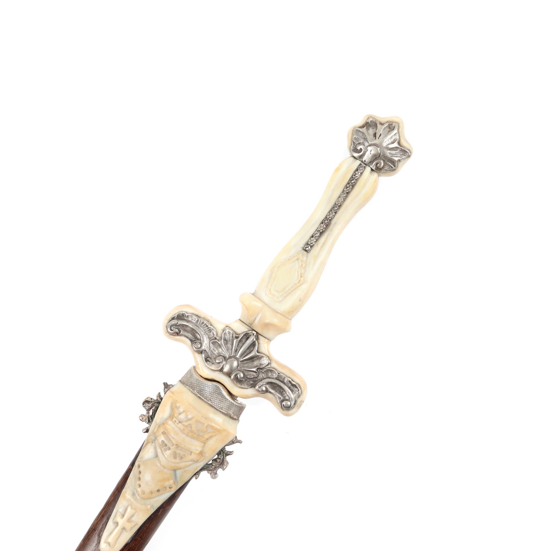 Ceremonial dagger, handle and sheath decorated with silver and ivory, bearing the Cross of Malta and - Image 5 of 5