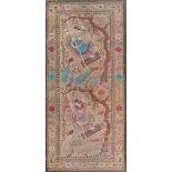 Embroidered tapestry, silk, depicting dancers and peacocks, motifs associated with the god Krishna,