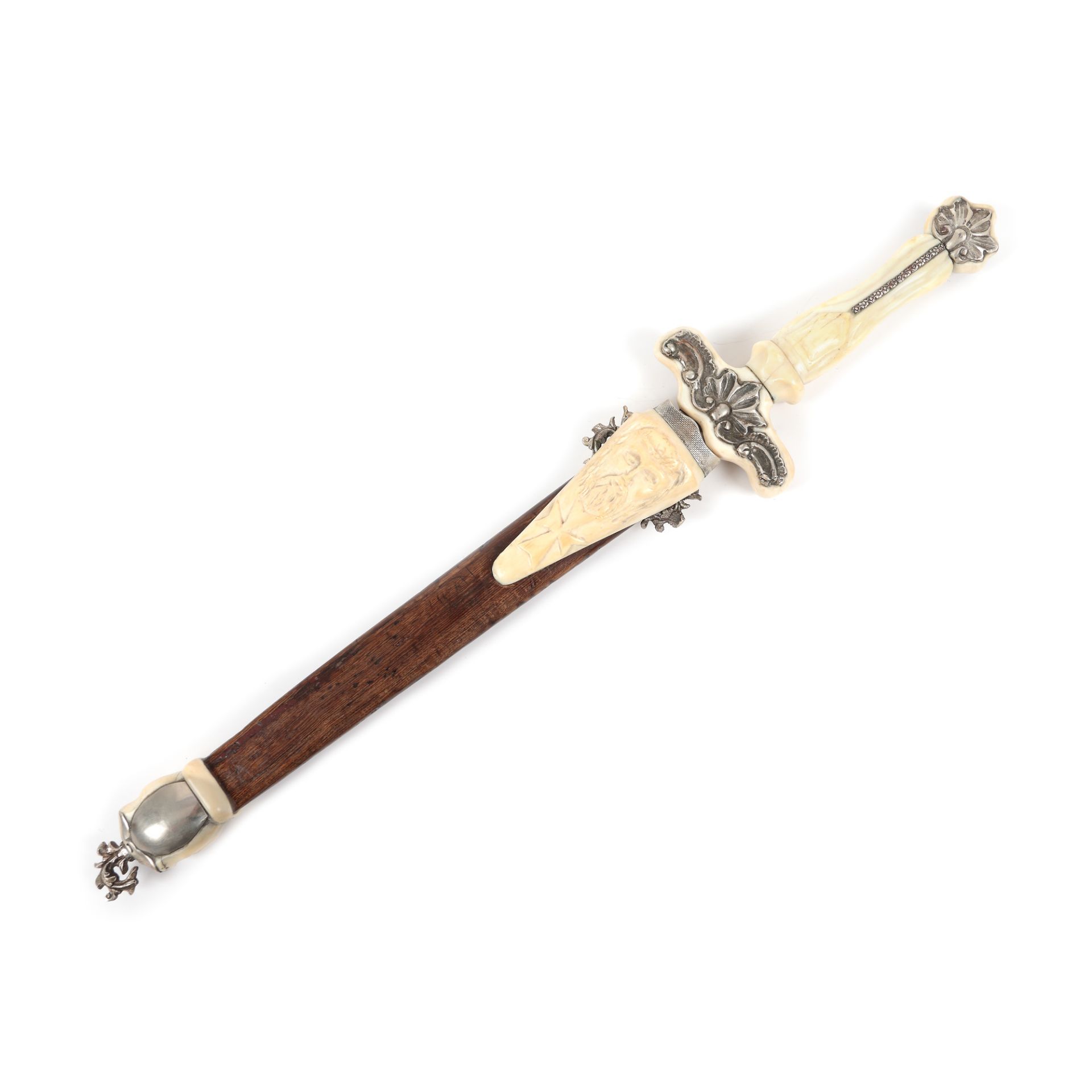 Ceremonial dagger, handle and sheath decorated with silver and ivory, bearing the Cross of Malta and