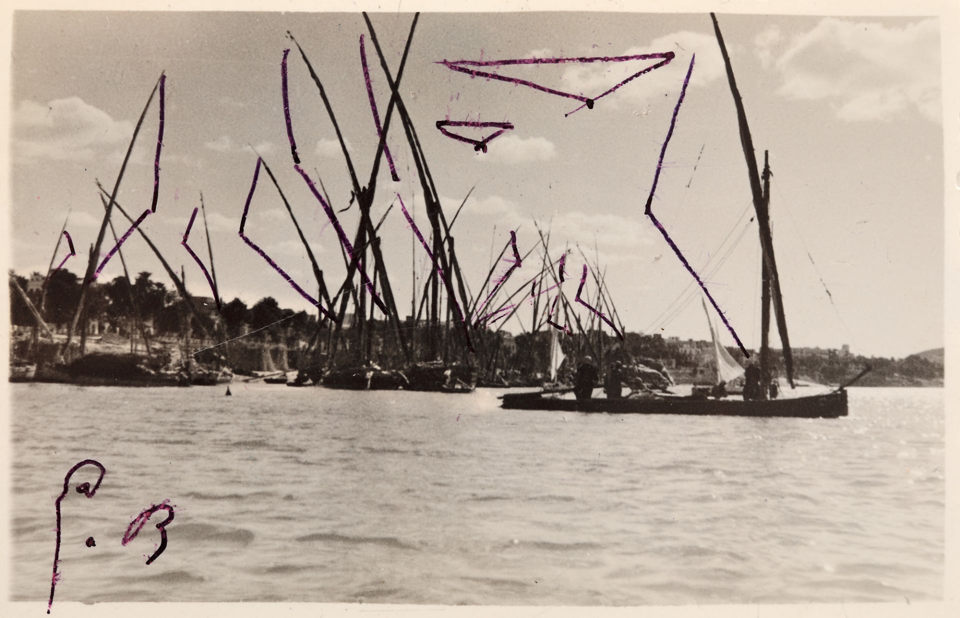 Port on the Nile, photo taken by Aziz Eloui Bey and Lee Miller, wearing drawings with sails and bird