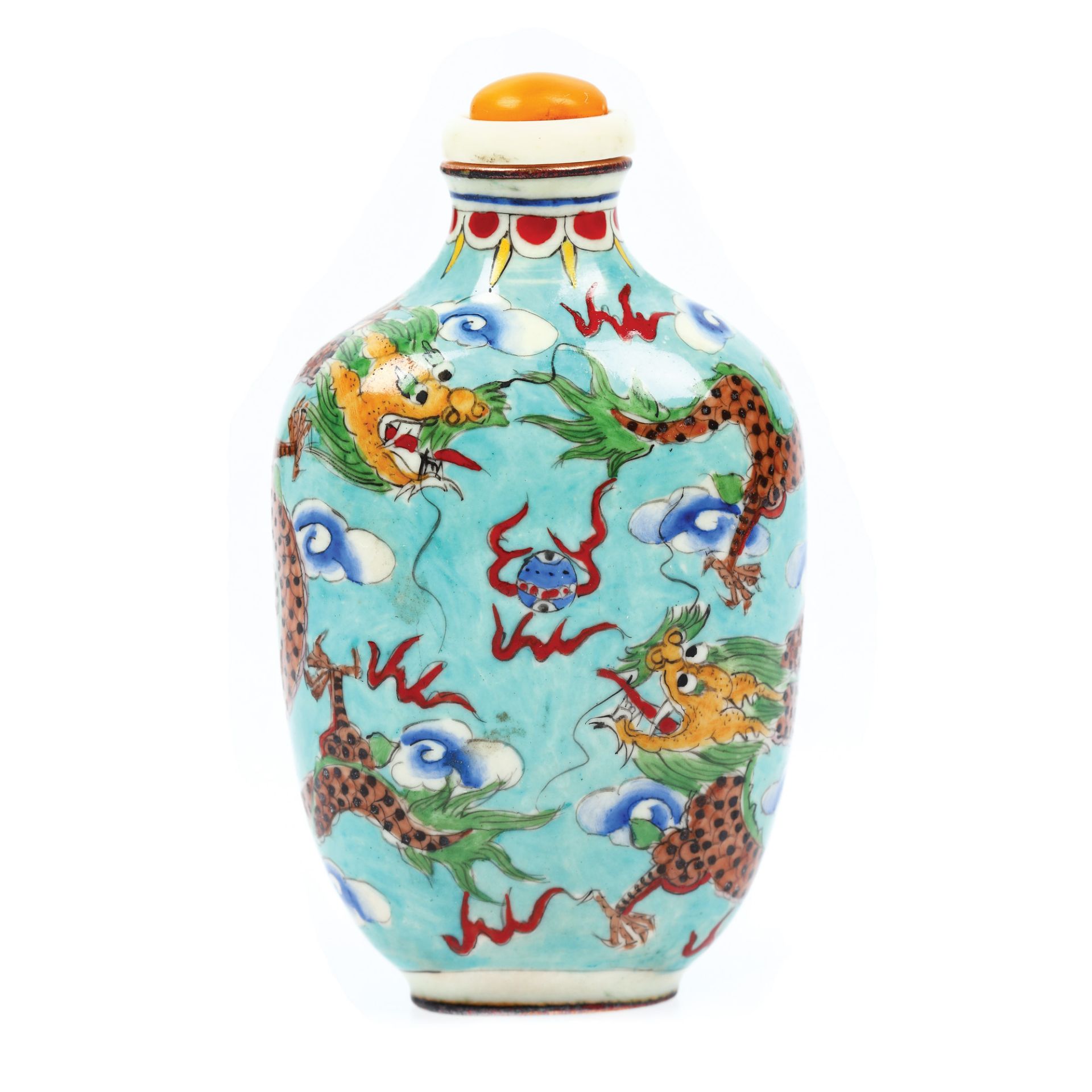 Recipient for sniffing, Beijing enamel, ivory and amber stopper, decorated with dragons hunting pear - Image 2 of 4