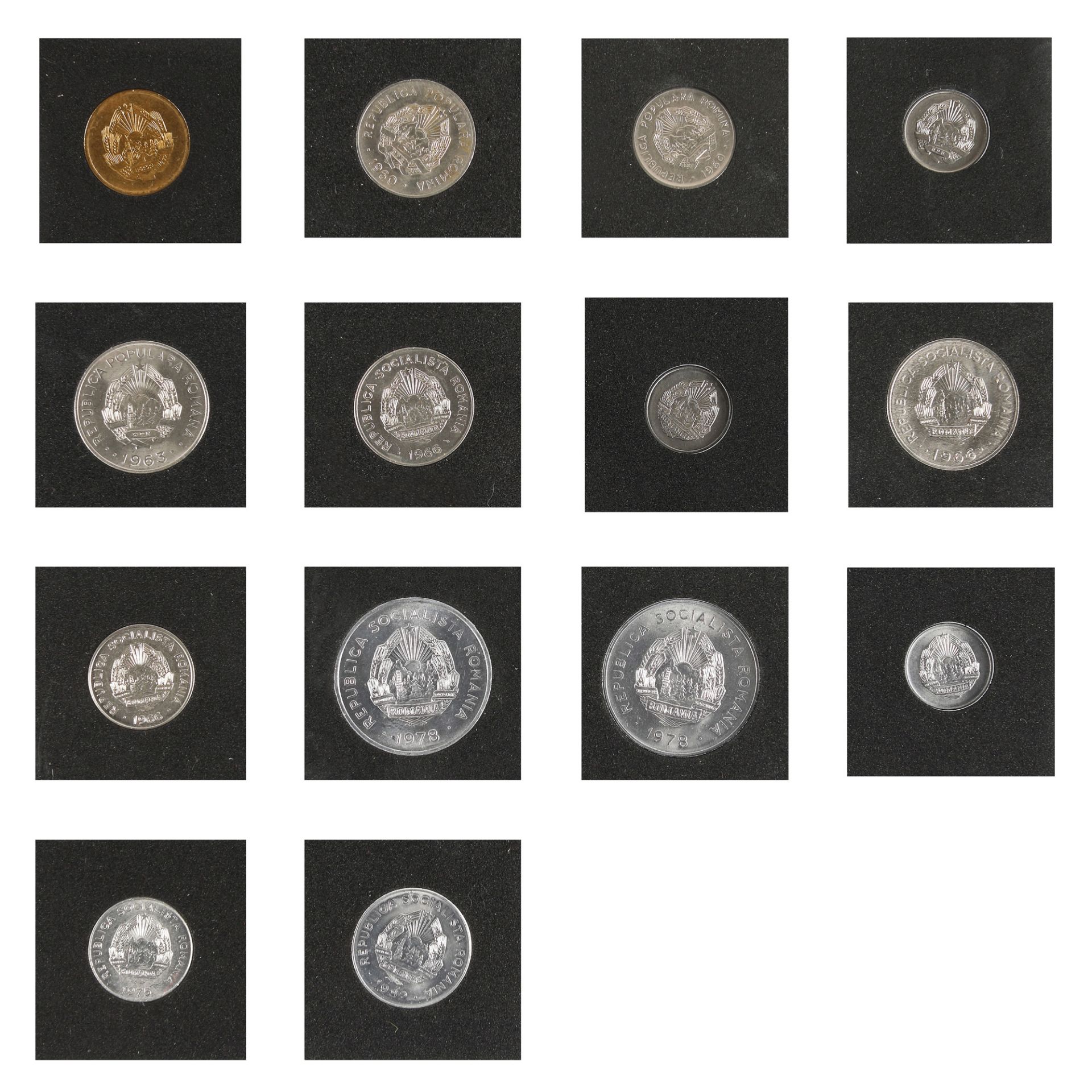 Lot consisting of fourteen coins, 5 Bani 1957, 15 Bani, 25 Bani 1960, 5 Bani, 1 Leu 1963, 5 Bani, 15