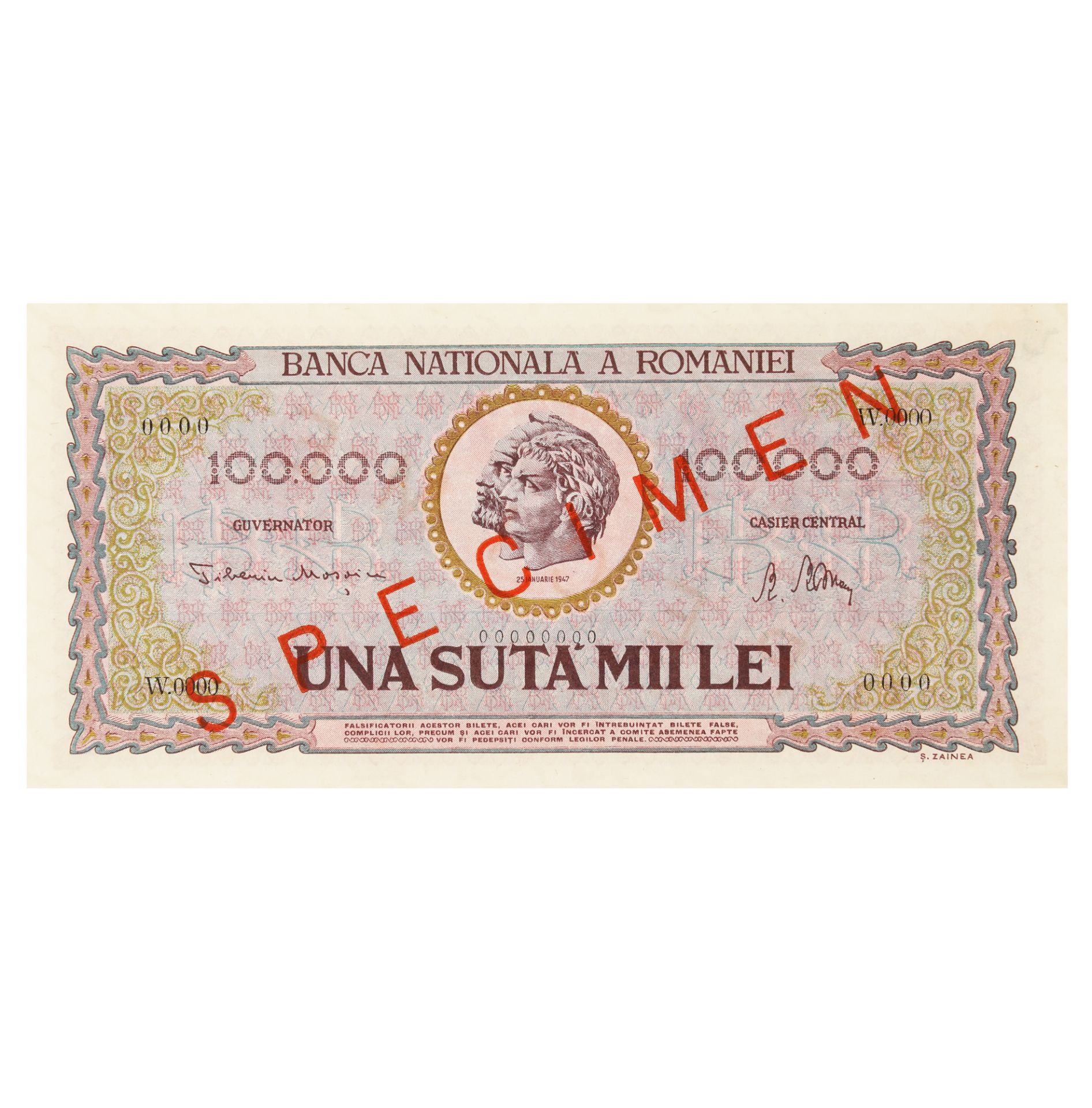 Lot consisting of twelve specimen banknotes, issued by the National Bank of Romania, 1920-1998 - Image 7 of 13