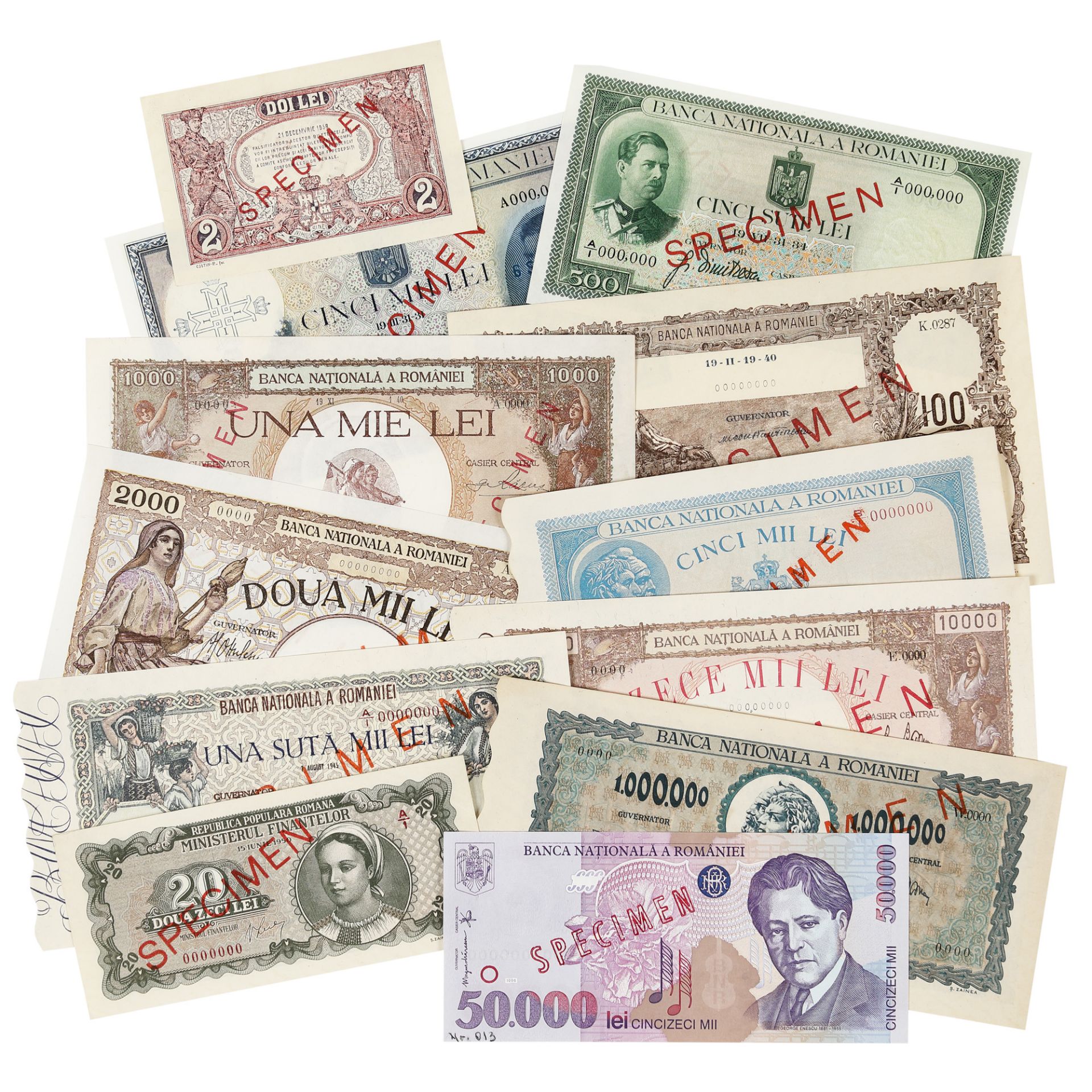 Lot consisting of twelve specimen banknotes, issued by the National Bank of Romania, 1931-1996