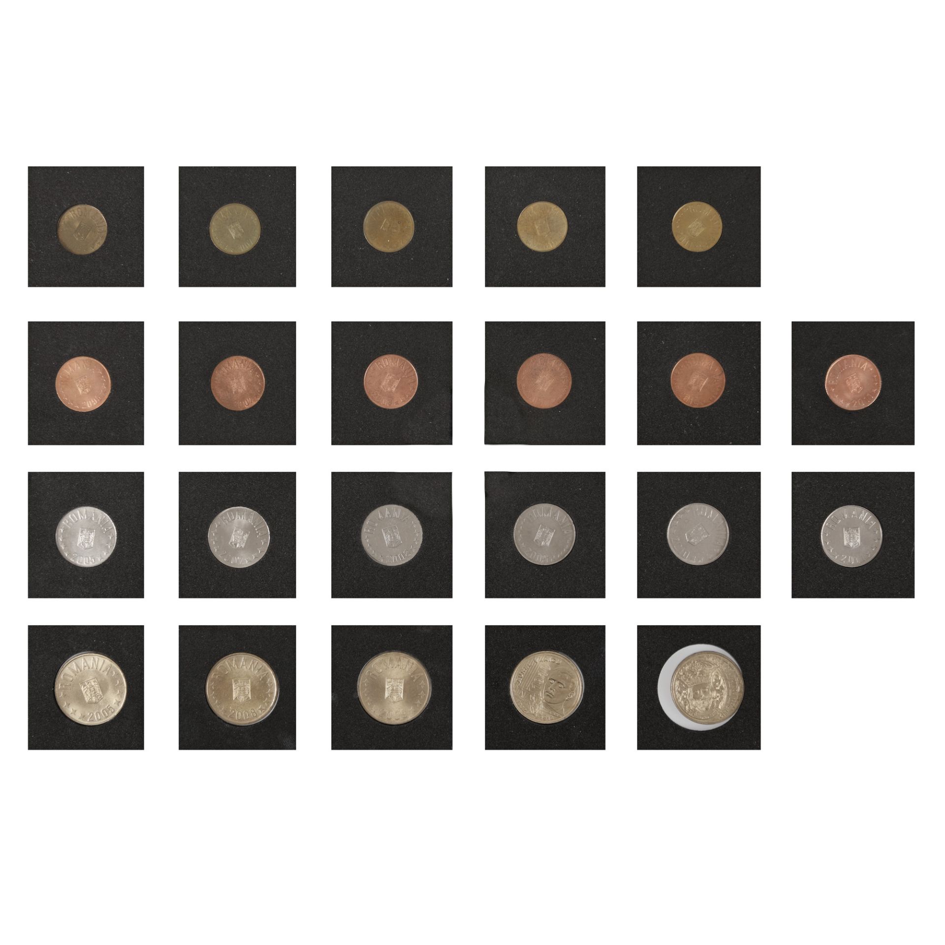 Lot consisting of twenty-two coins, 1 Ban, 5 Bani, 10 Bani, 50 Bani 2005, 1 Ban, 5 Bani, 10 Bani 200