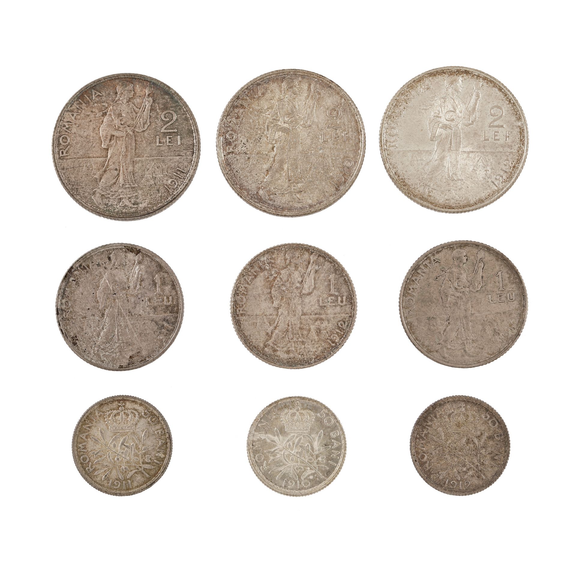 Lot consisting of nine coins, 50 Bani, 1 Leu, 2 Lei 1910, 50 Bani, 1 Leu, 2 Lei 1911, 50 Bani, 1 Leu - Image 2 of 2