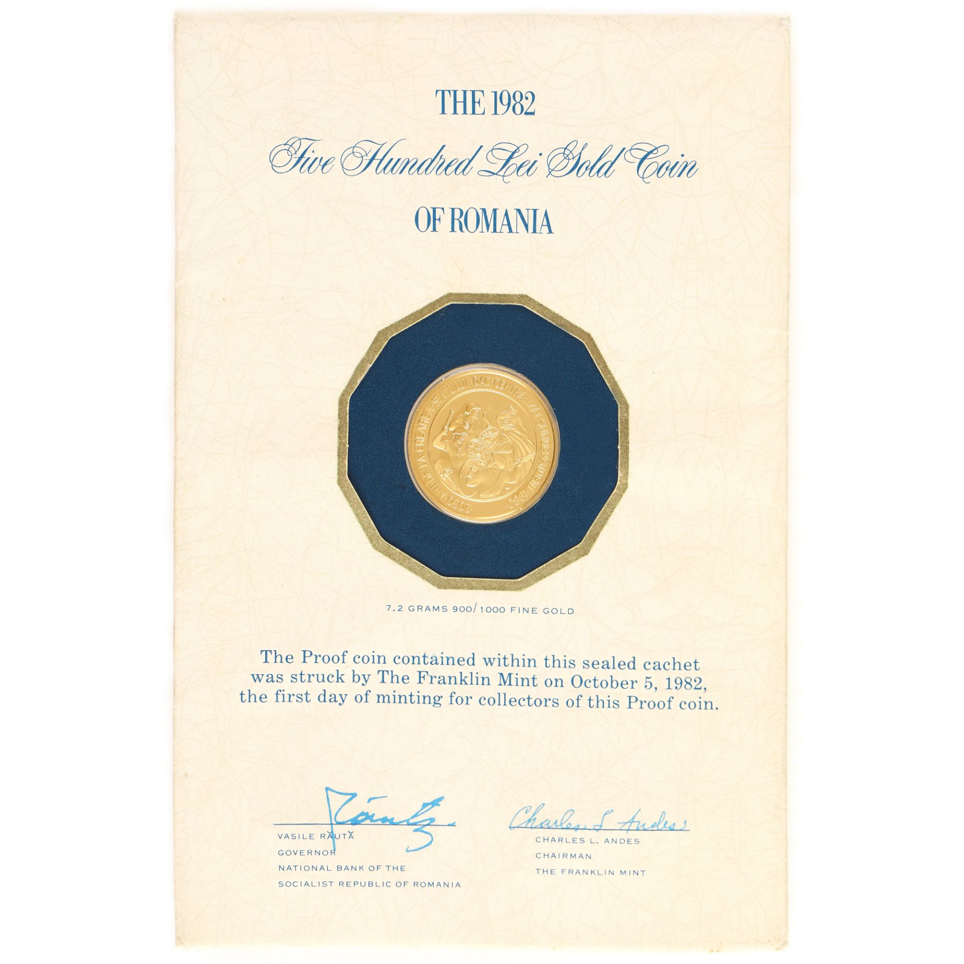 500 Lei coin, 1982, gold, in the sealed envelope of the Franklin mint in Philadelphia (USA), "2050