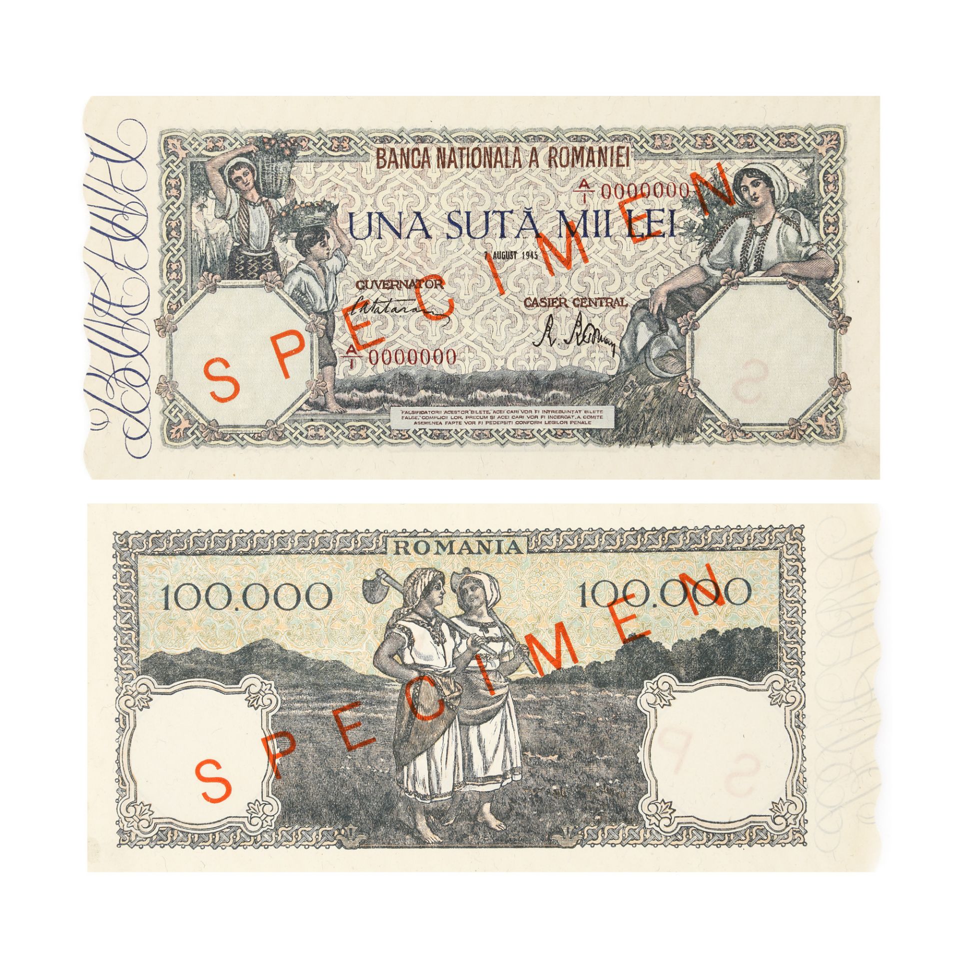 Lot consisting of twelve specimen banknotes, issued by the National Bank of Romania, 1931-1996 - Image 3 of 13
