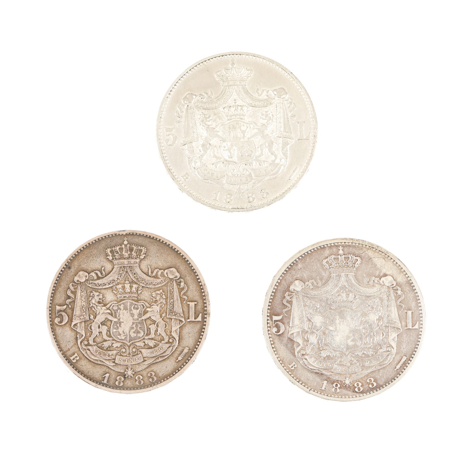 Lot consisting of three versions of the 5 Lei 1883 coin, "Kullrich" 6mm, "Kullrich" 6.5 mm, deviated