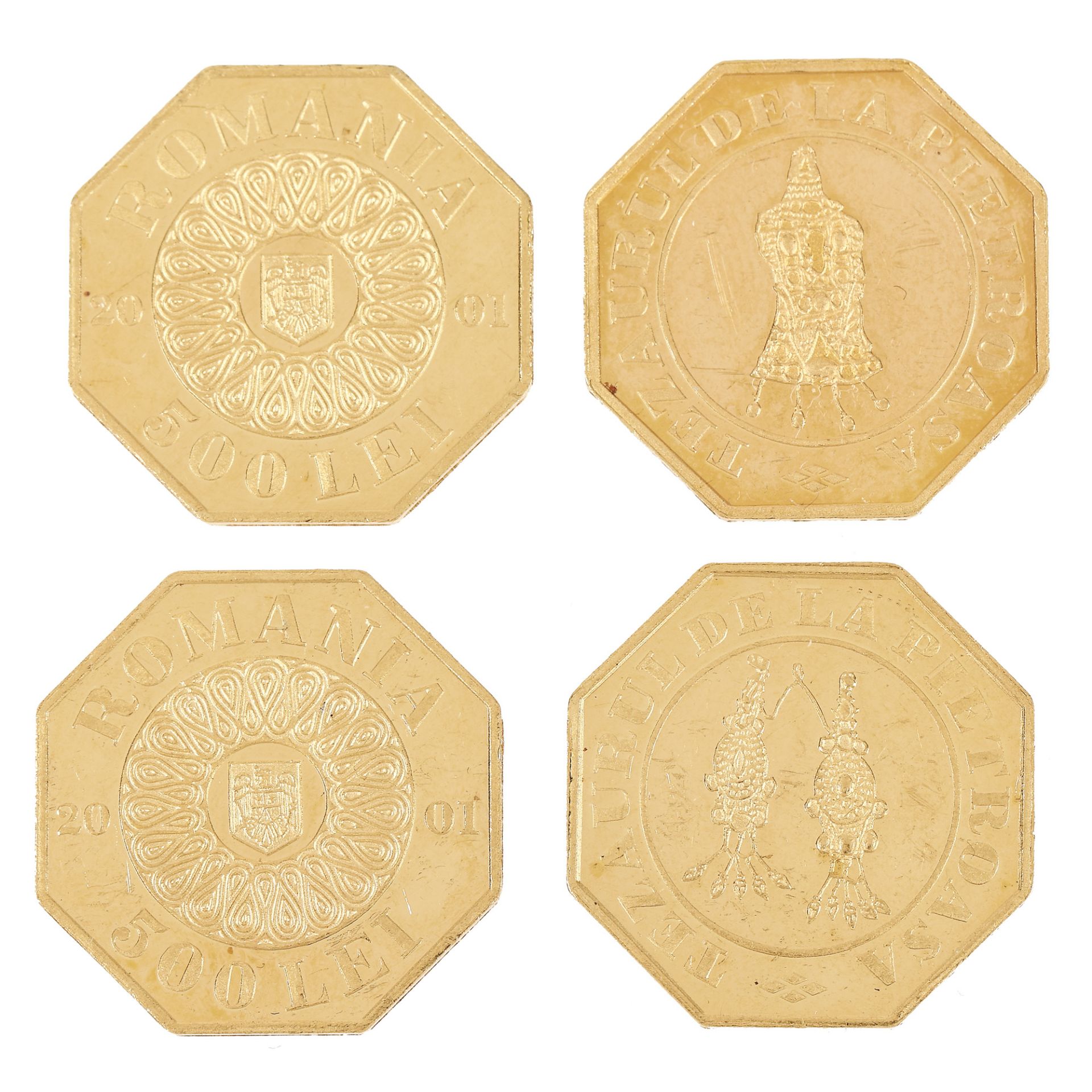 Lot consisting of four BNR commemorative gold coins, The Pietroasa Treasure, 2001