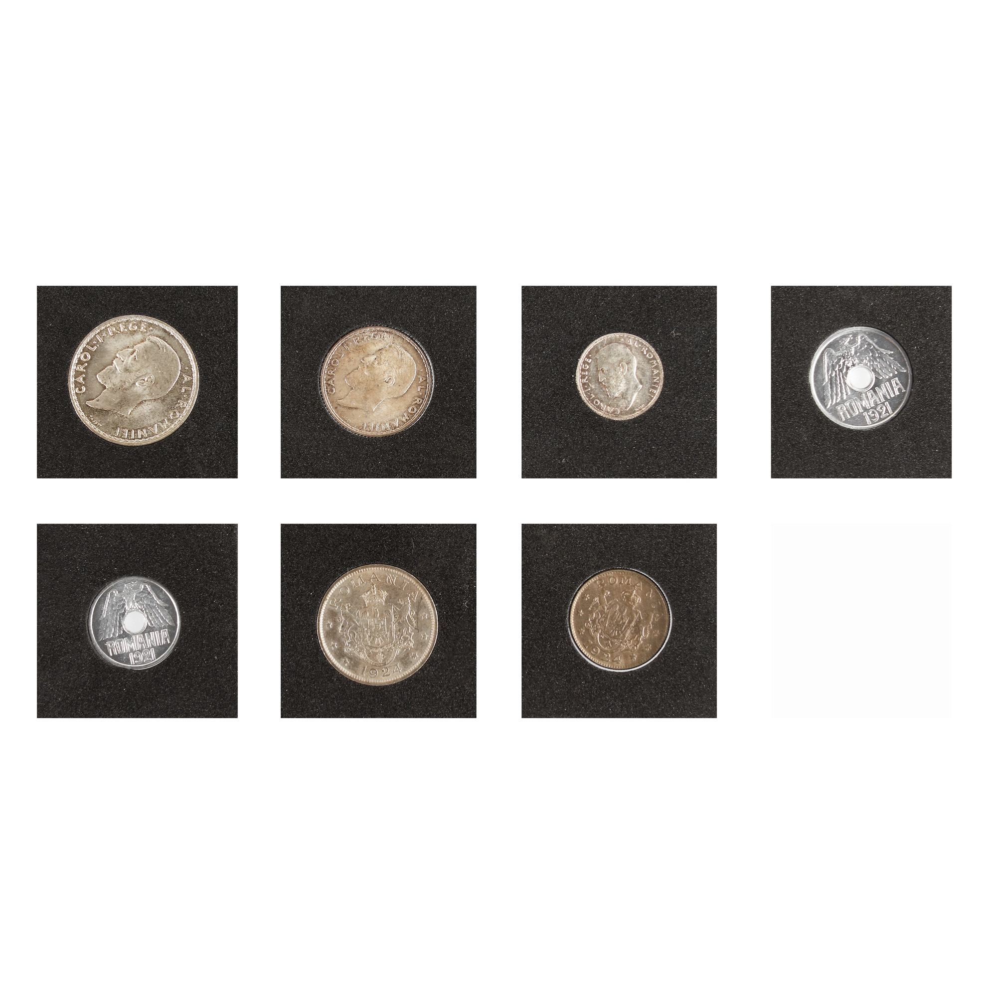 Lot consisting of seven coins, 50 Bani, 1 Leu, 2 Lei 1914, 25 Bani, 50 Bani 1921, 1 Leu, 2 Lei 1924