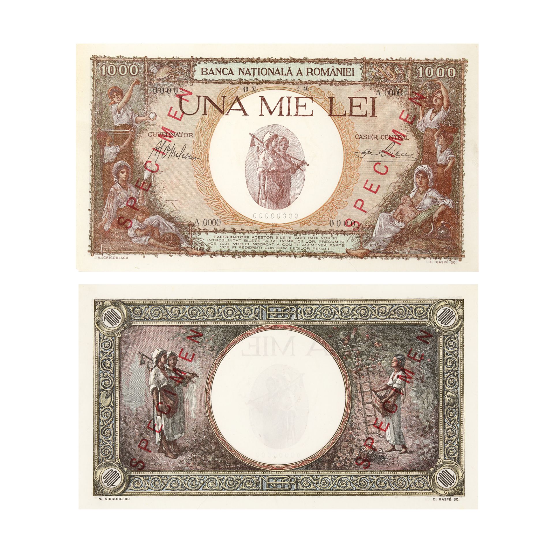 Lot consisting of twelve specimen banknotes, issued by the National Bank of Romania, 1931-1996 - Image 8 of 13