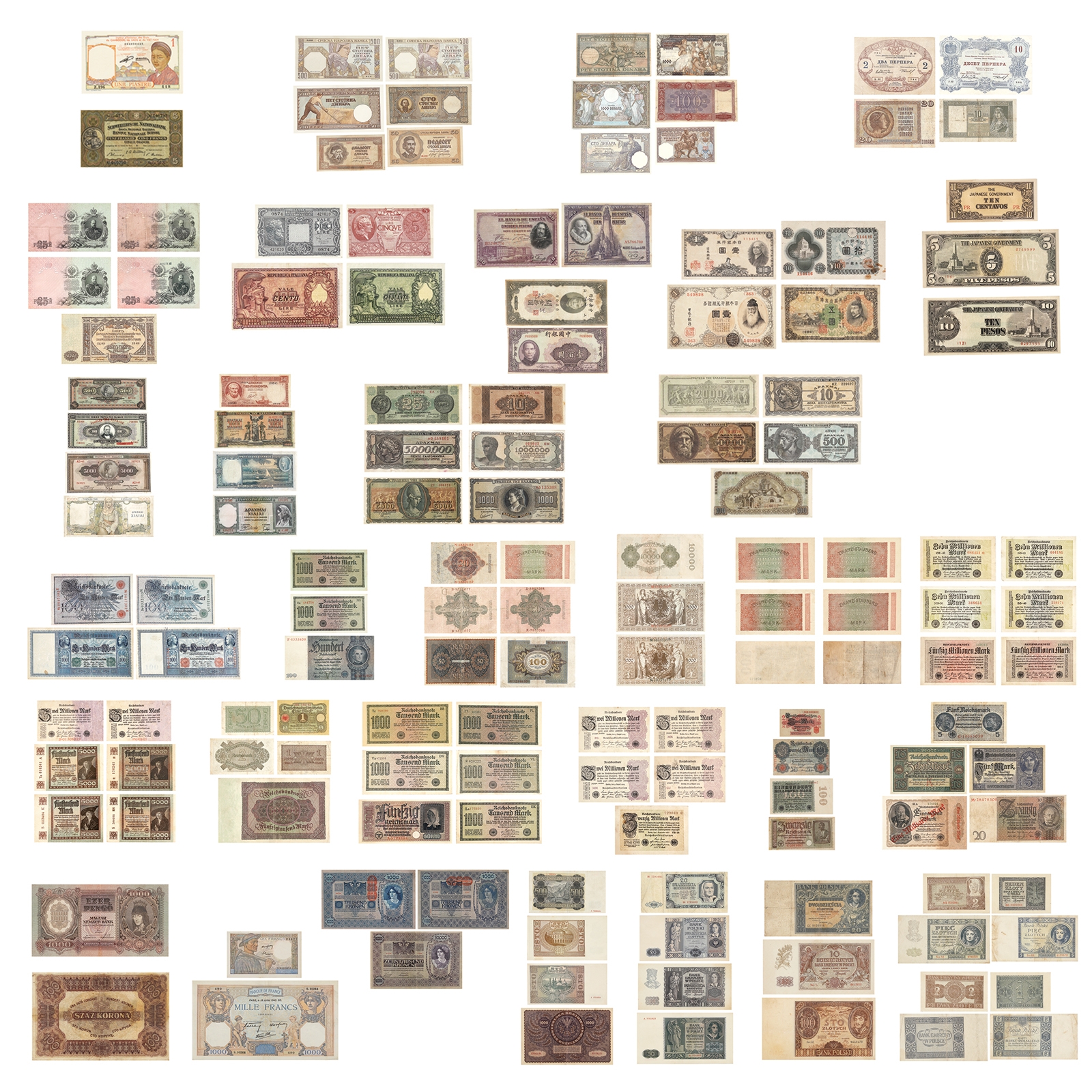 Collection of 143 banknotes, Europe and Asia, the first half of the 20th century