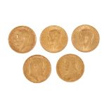 Lot of five Sovereign coins, gold, Great Britain