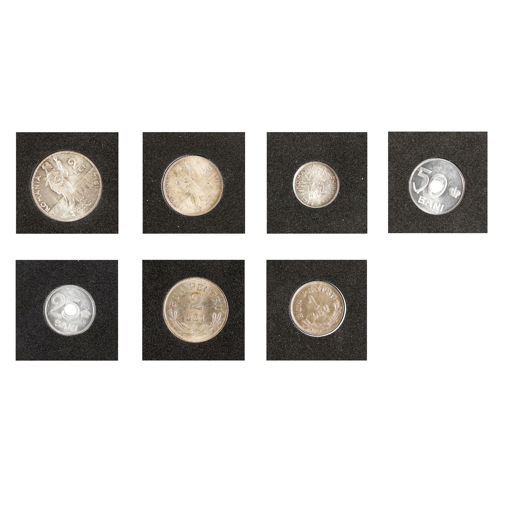 Lot consisting of seven coins, 50 Bani, 1 Leu, 2 Lei 1914, 25 Bani, 50 Bani 1921, 1 Leu, 2 Lei 1924 - Image 2 of 2