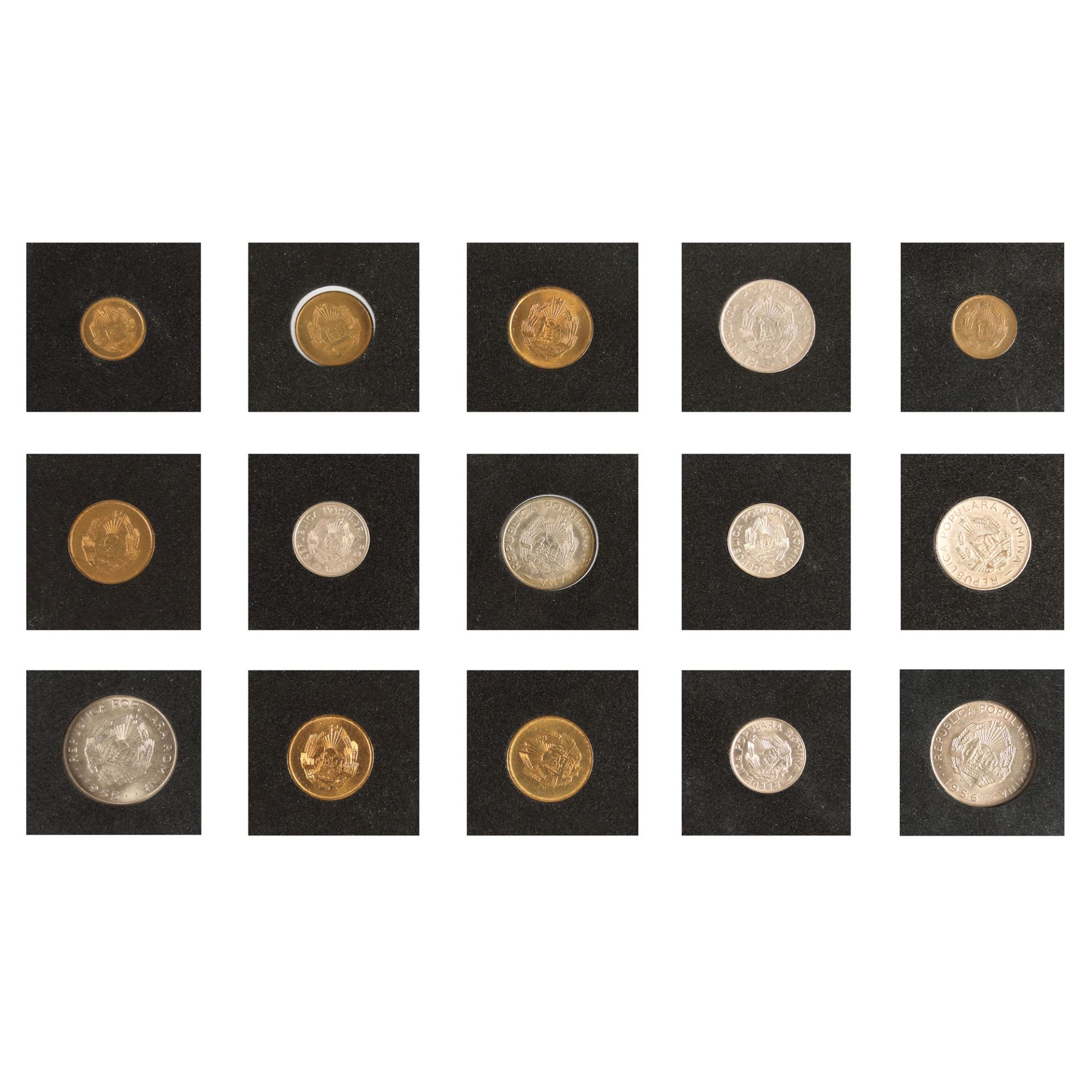 Lot consisting of fifteen coins, 1 Ban, 3 Bani, 5 Bani, 25 Bani 1953, 1 Ban, 5 Bani, 10 Bani, 25 Ban