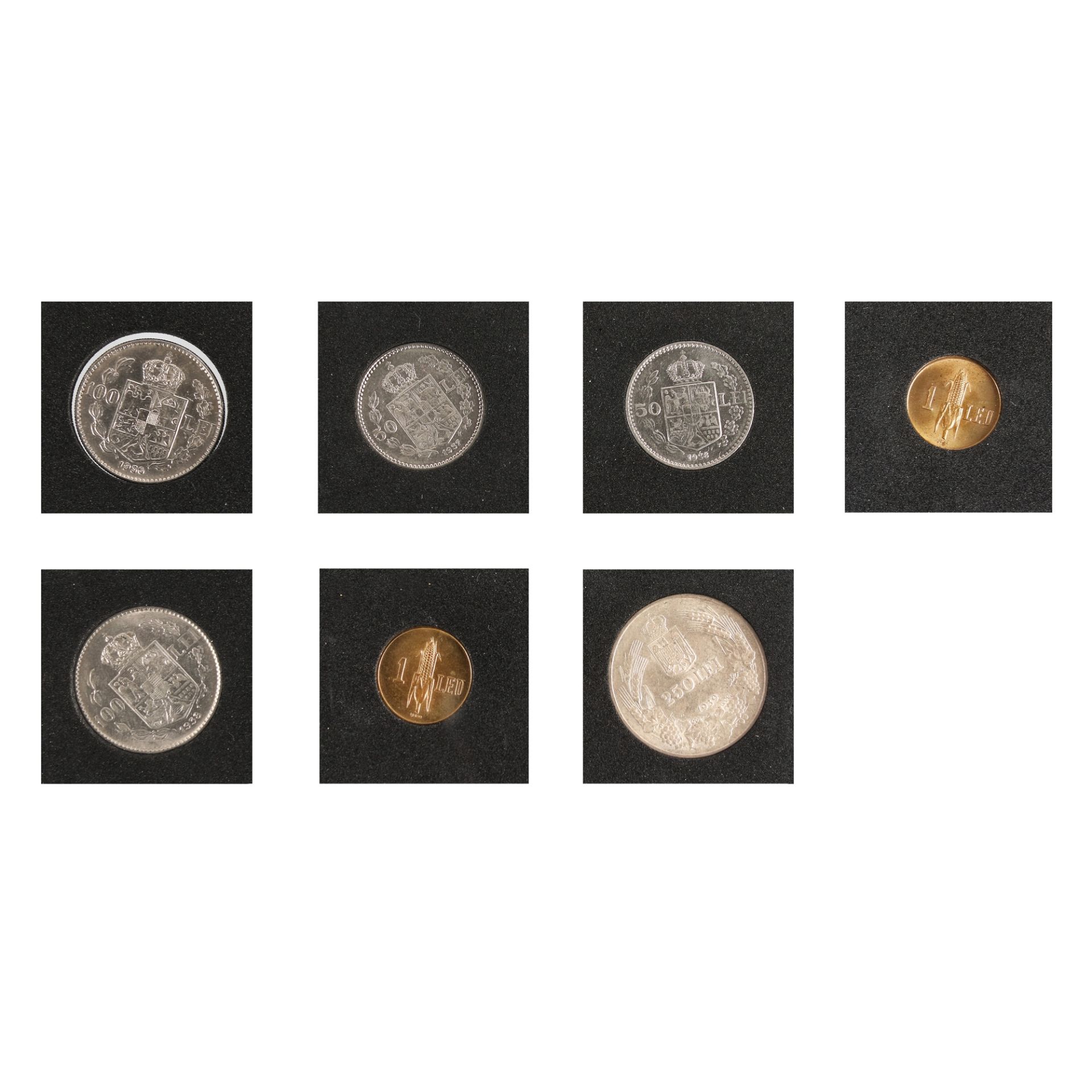 Lot consisting of seven coins, 100 Lei 1936, 50 Lei 1937, 1 Leu, 50 Lei, 100 Lei 1938, 1 Leu, 250 Le - Bild 2 aus 2