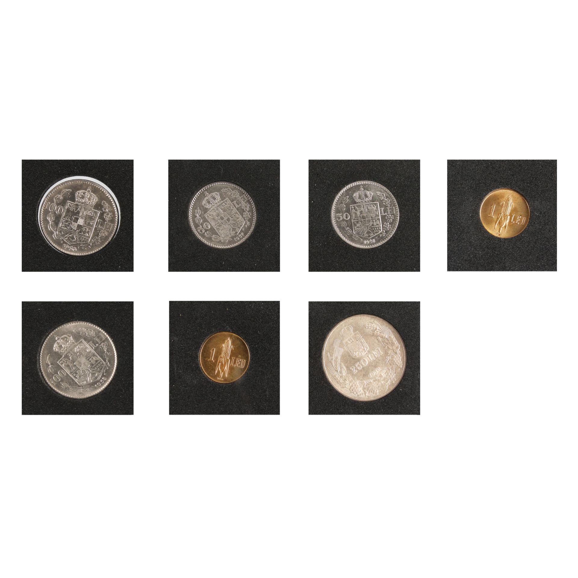 Lot consisting of seven coins, 100 Lei 1936, 50 Lei 1937, 1 Leu, 50 Lei, 100 Lei 1938, 1 Leu, 250 Le - Image 2 of 2