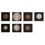 Lot consisting of seven coins, 2 Bani 1879, 2 Bani, 5 Lei 1880, 2 Bani, 50 Bani, 1 Leu, 2 Lei 1881