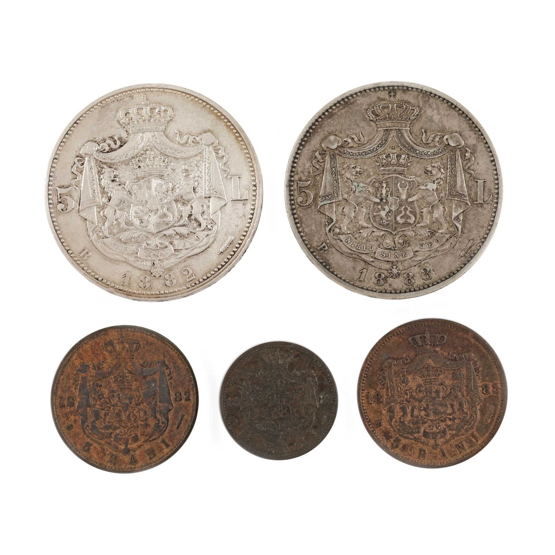 Lot consisting of five coins, 2 Bani, 5 Bani, 5 Lei 1882, 5 Bani, 5 Lei 1883 - Image 2 of 2