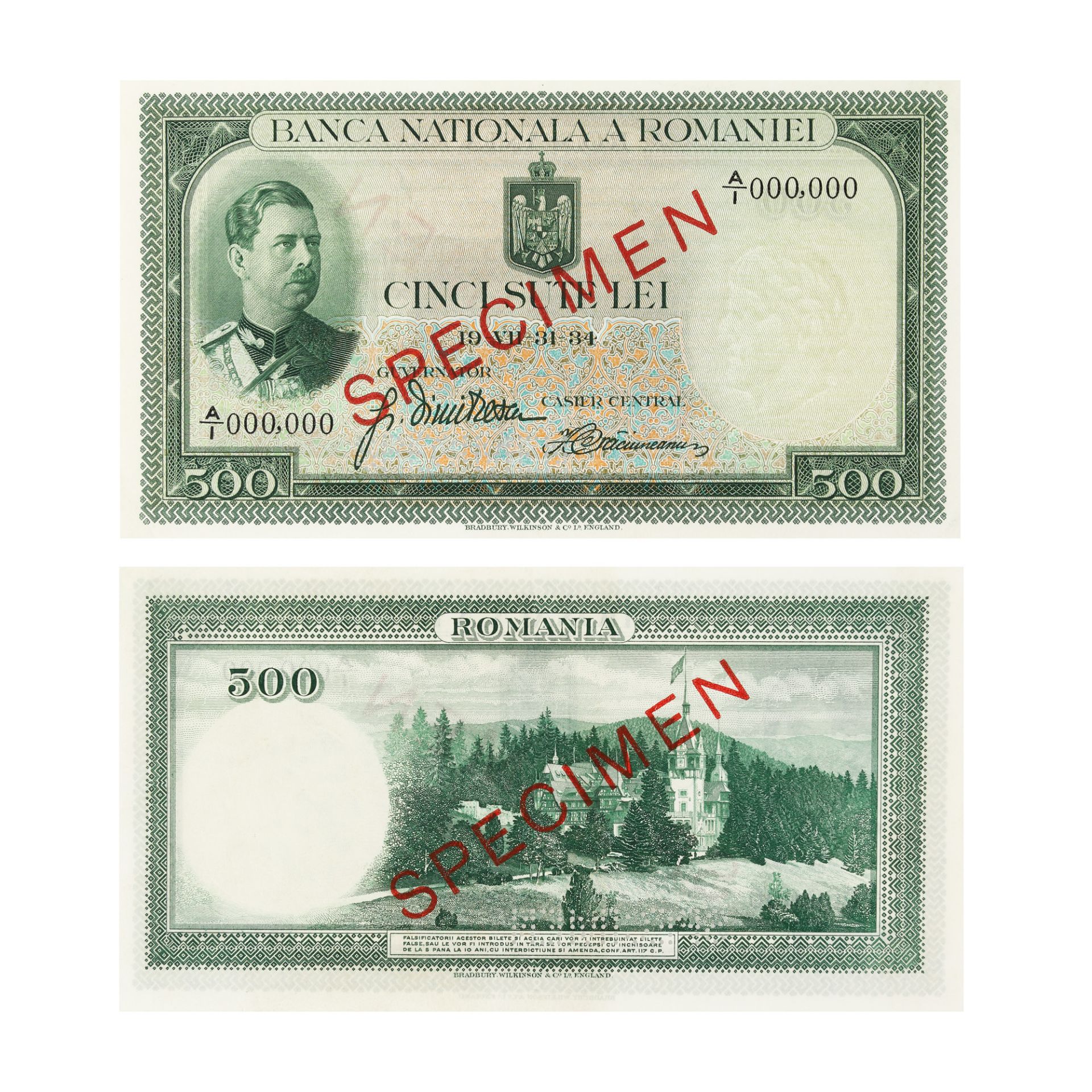 Lot consisting of twelve specimen banknotes, issued by the National Bank of Romania, 1931-1996 - Image 12 of 13