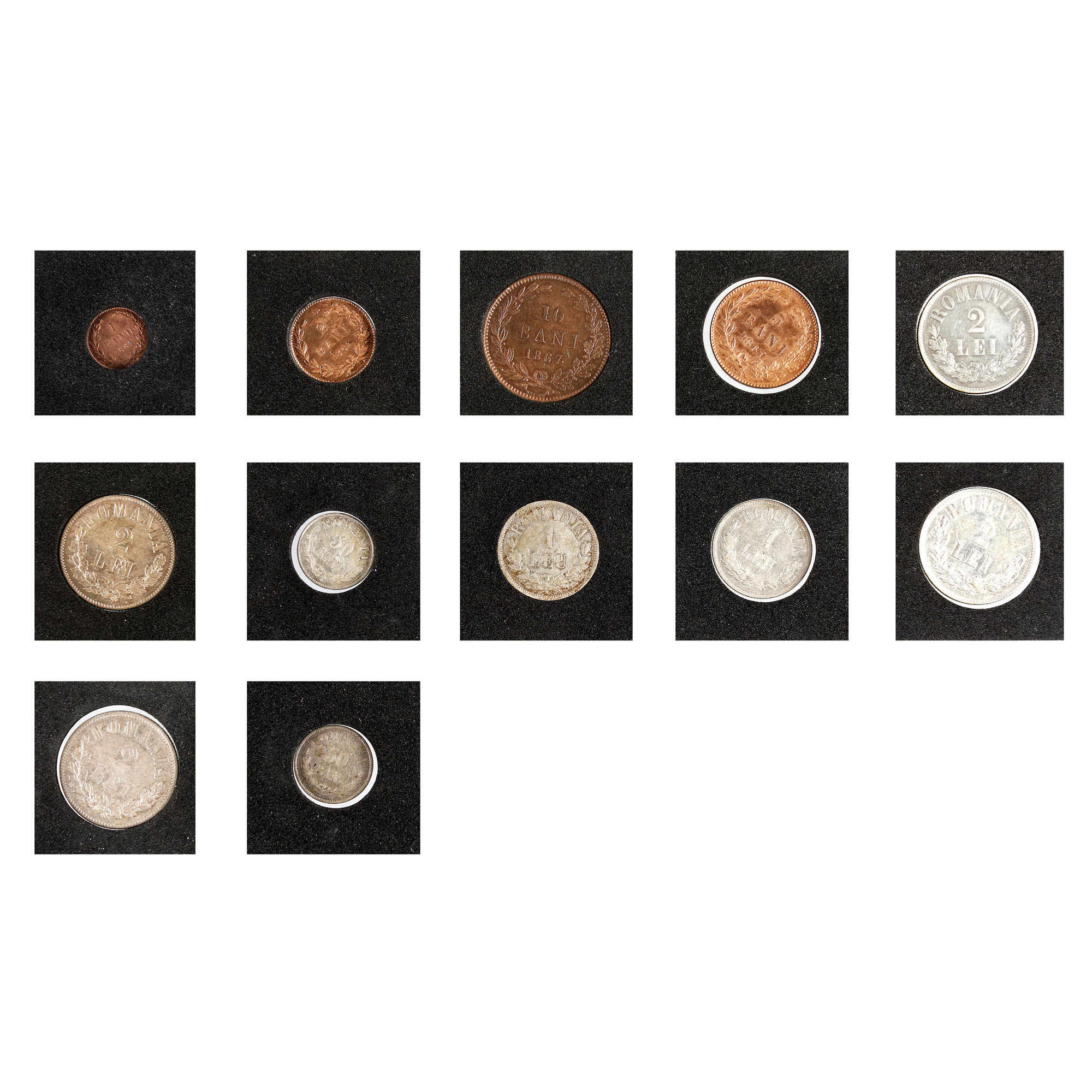 Lot consisting of twelve coins, 1 Ban, 2 Bani, 5 Bani, 10 Bani 1867, 2 Lei 1872, 50 Bani, 1 Leu, 2 L - Image 2 of 2