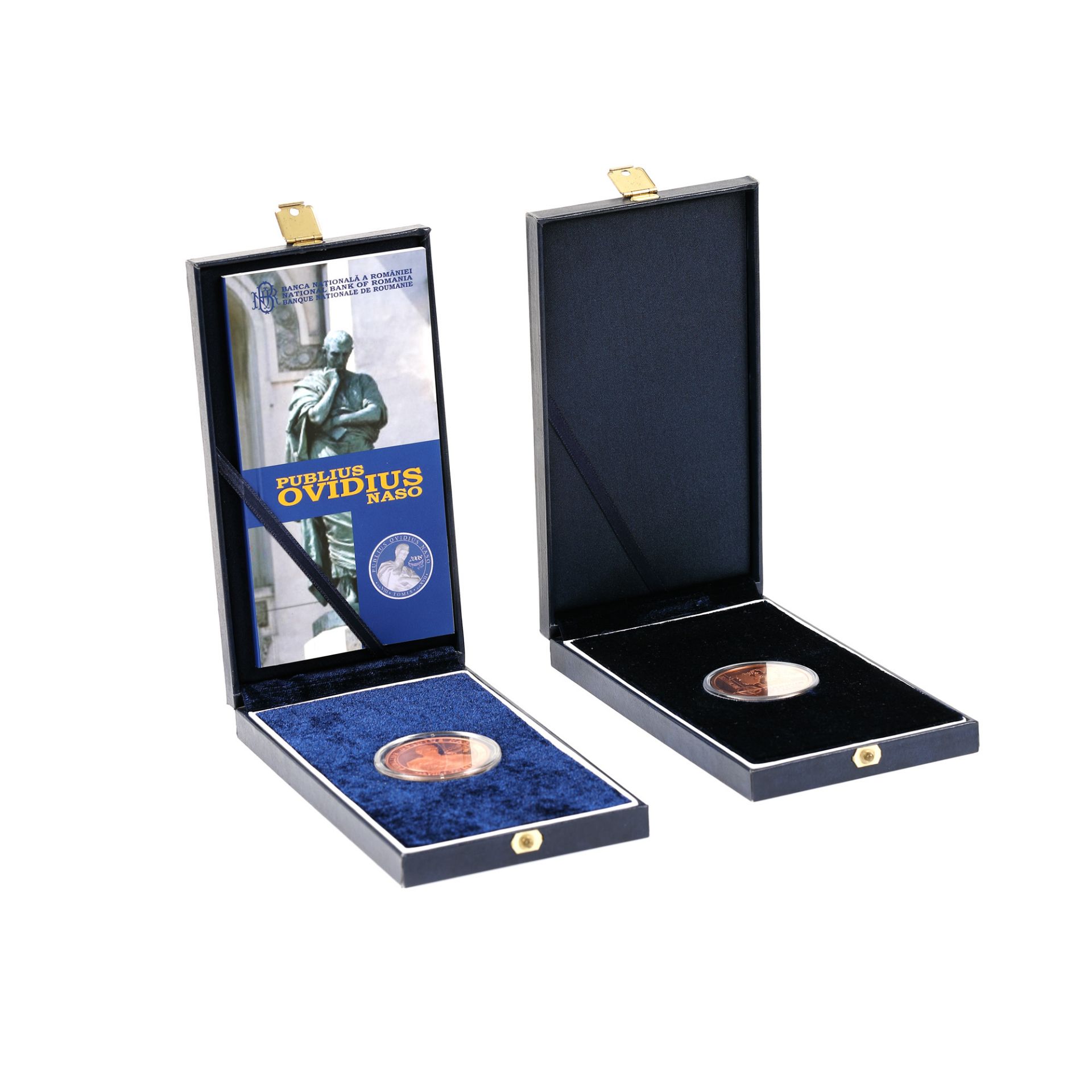 Two BNR commemorative coins, made of tombac, Ovidius Naso 2008 and NATO Summit 2008, original boxes - Image 2 of 3